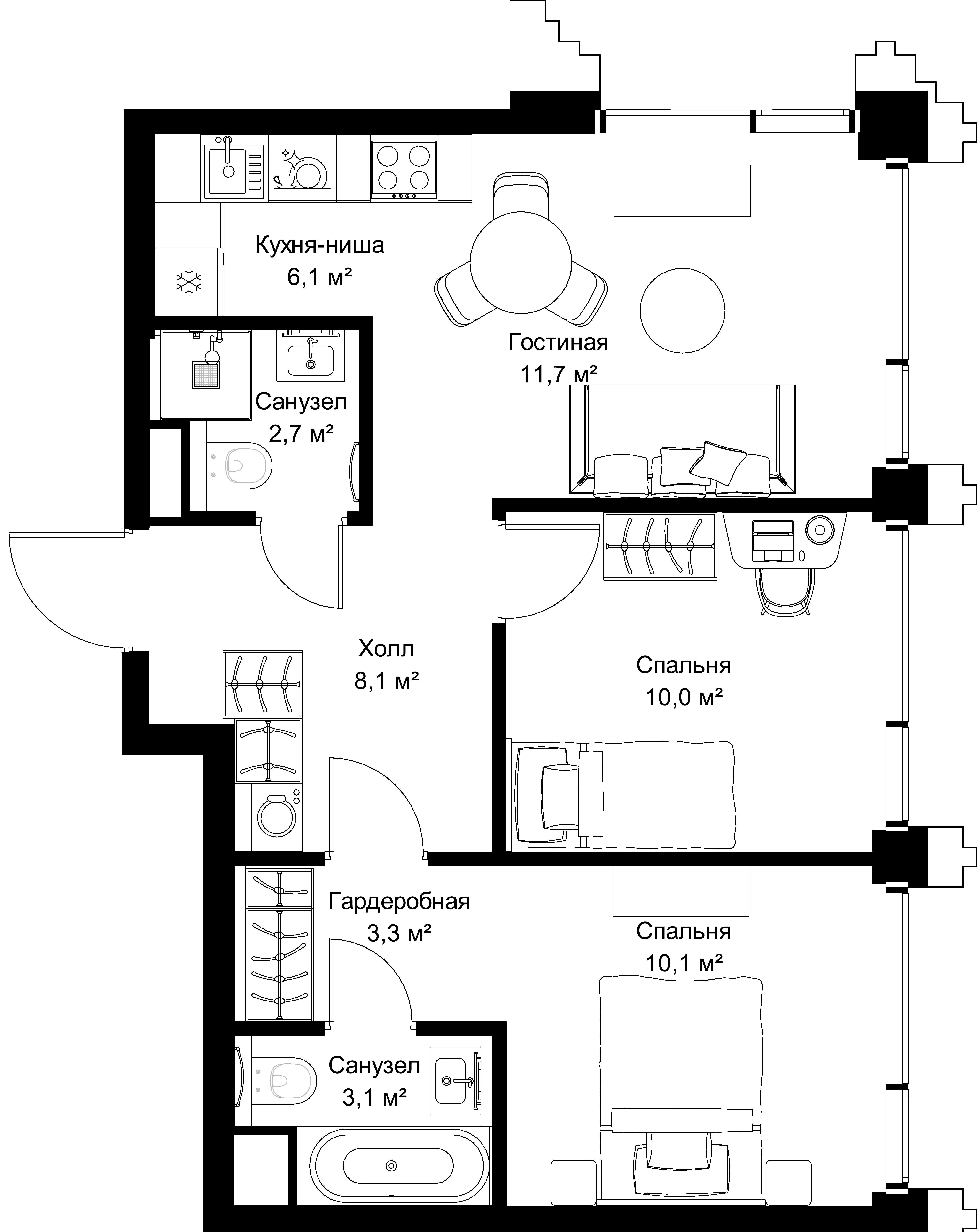 2-комнатная, 55,1 м² — 31 192 110 ₽