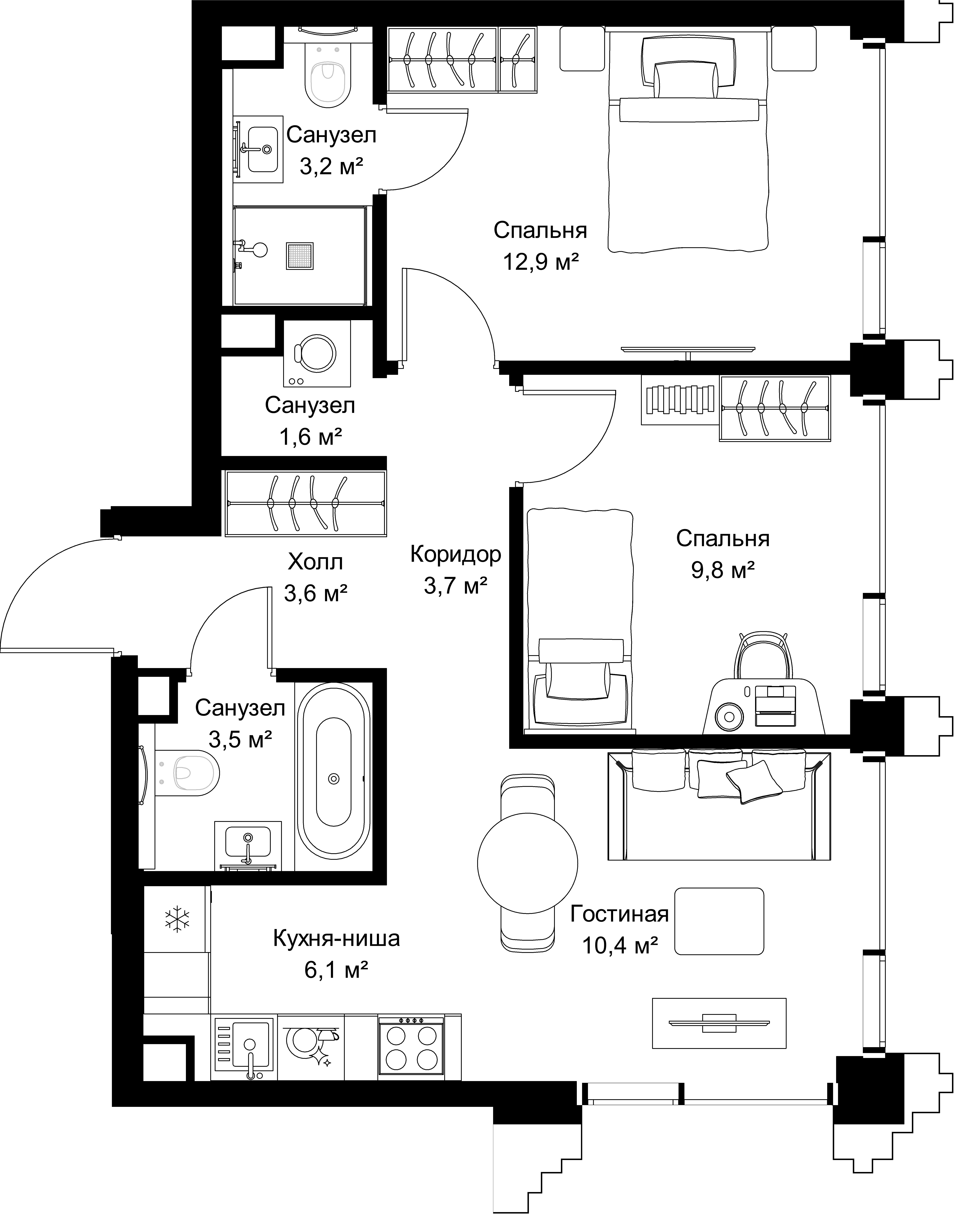 2-комнатная, 54,8 м² — 28 693 280 ₽