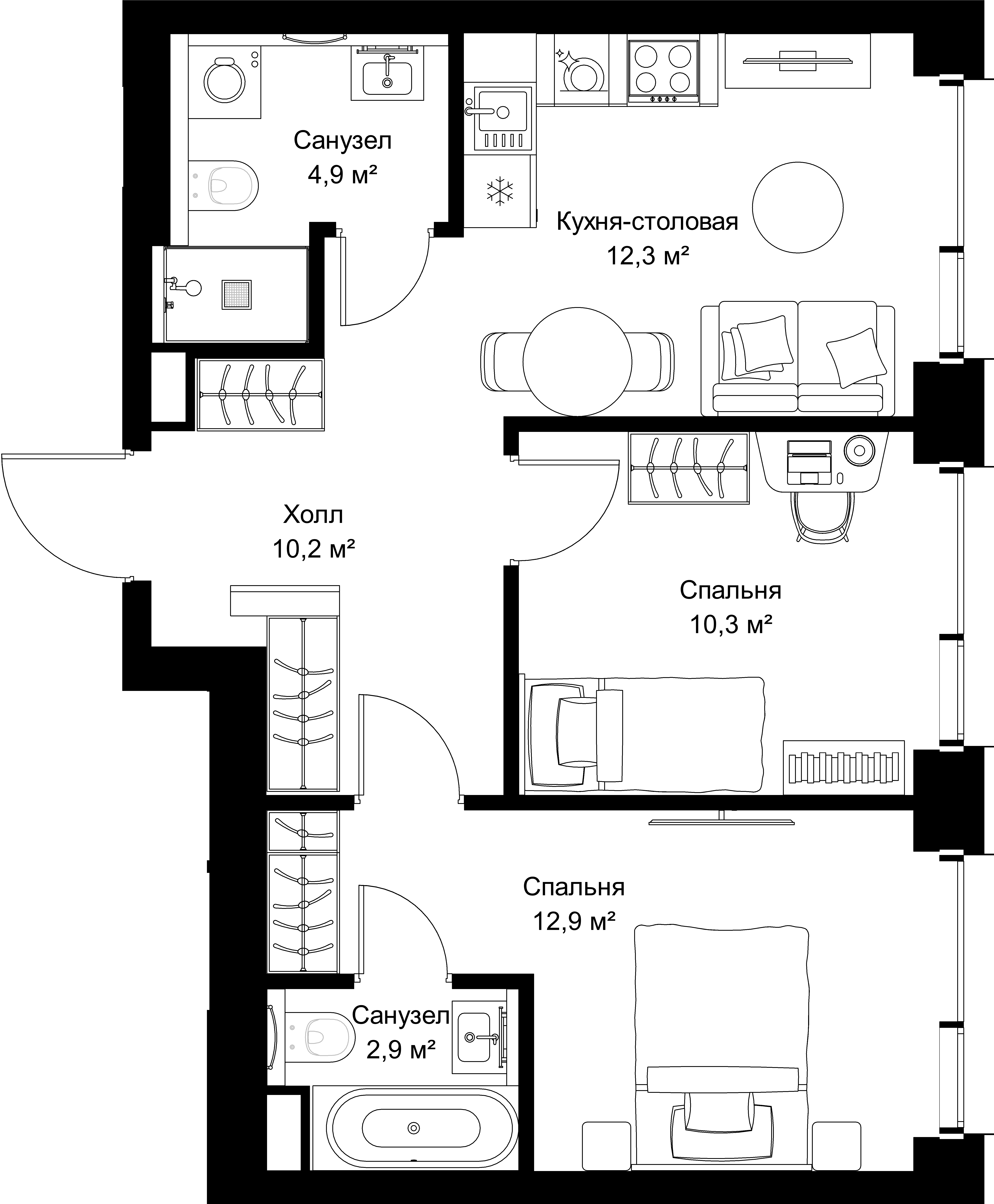 2-комнатная, 53,5 м² — 26 784 775 ₽