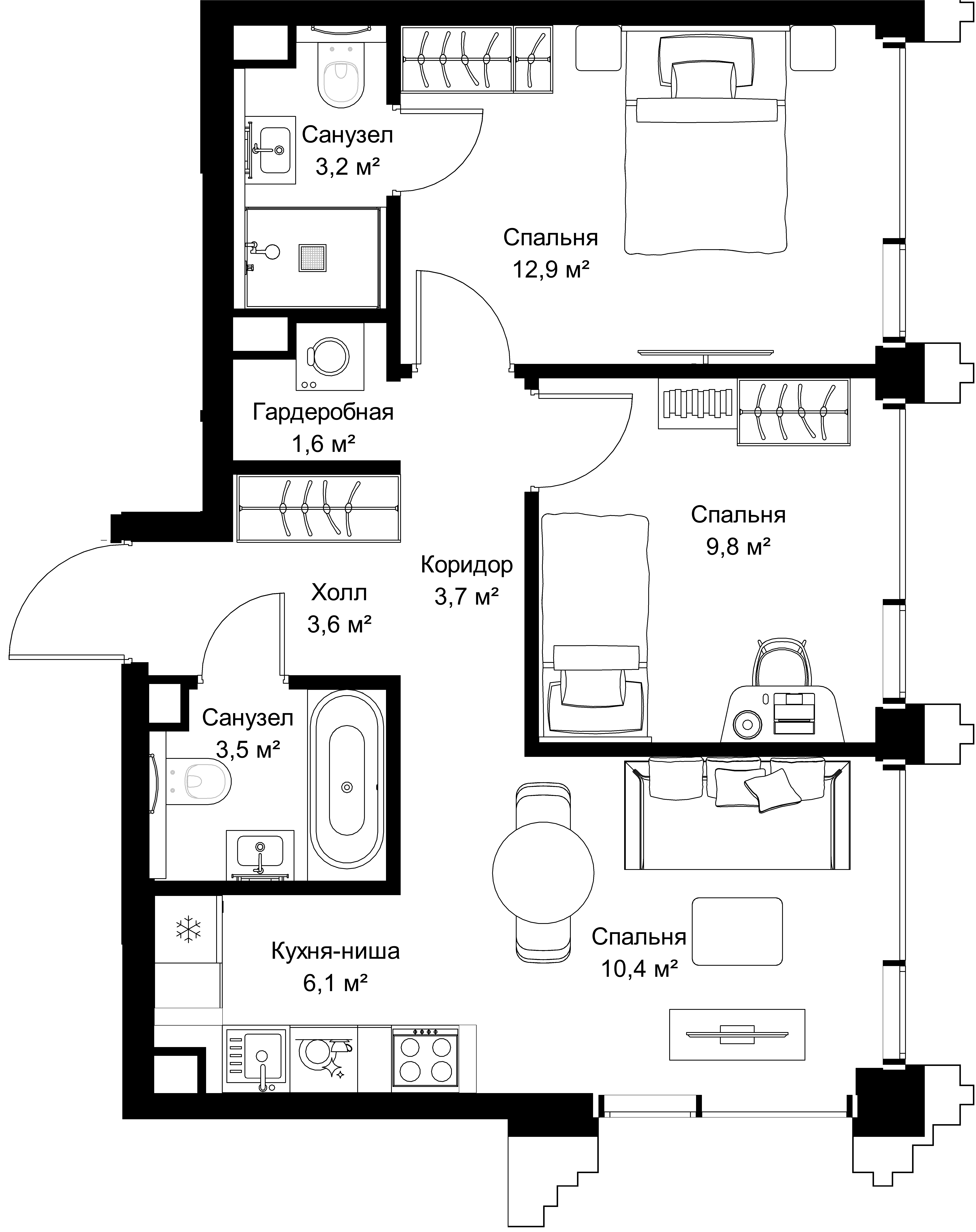 2-комнатная, 54,8 м² — 35 633 700 ₽