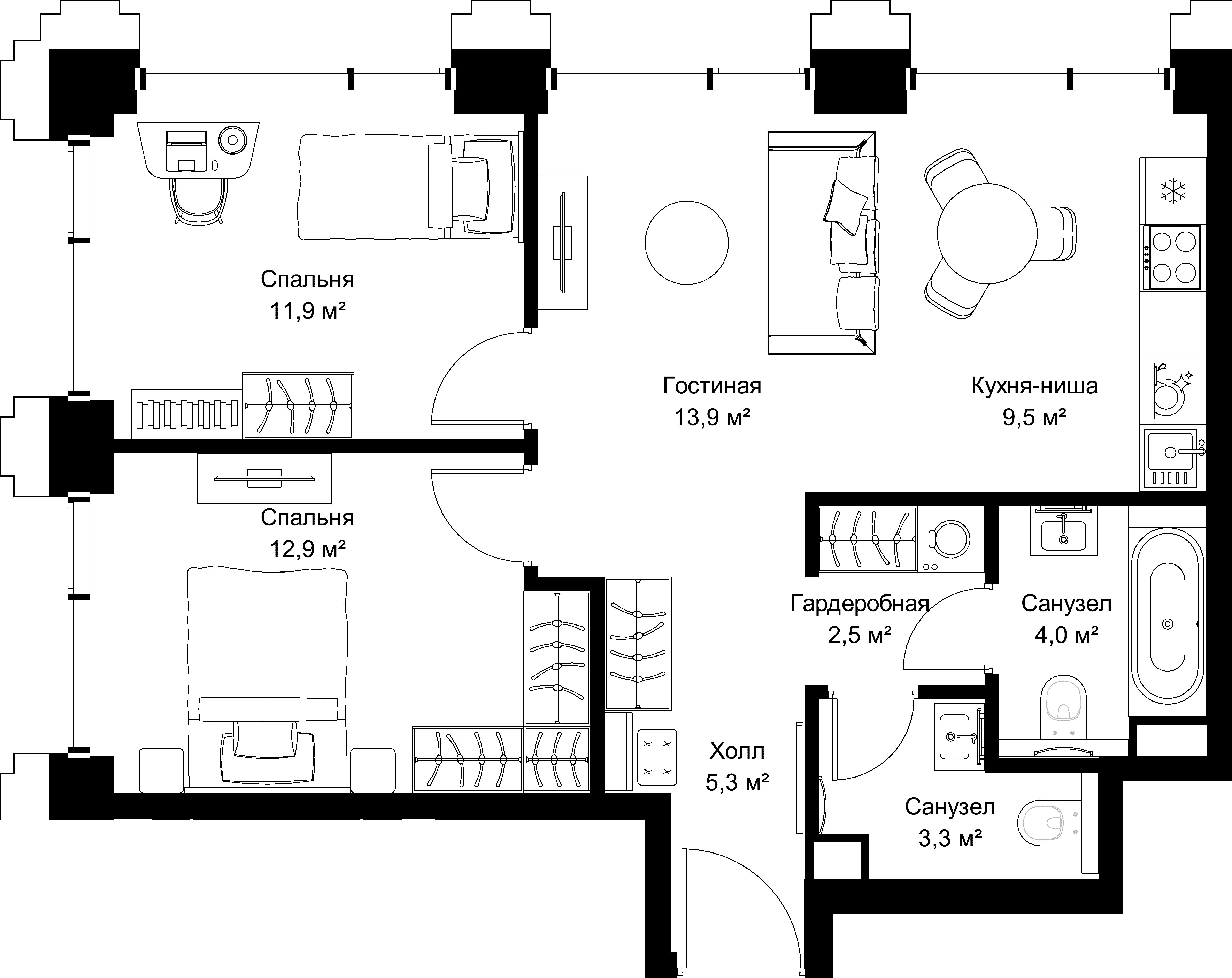 2-комнатная, 63,3 м² — 30 937 875 ₽