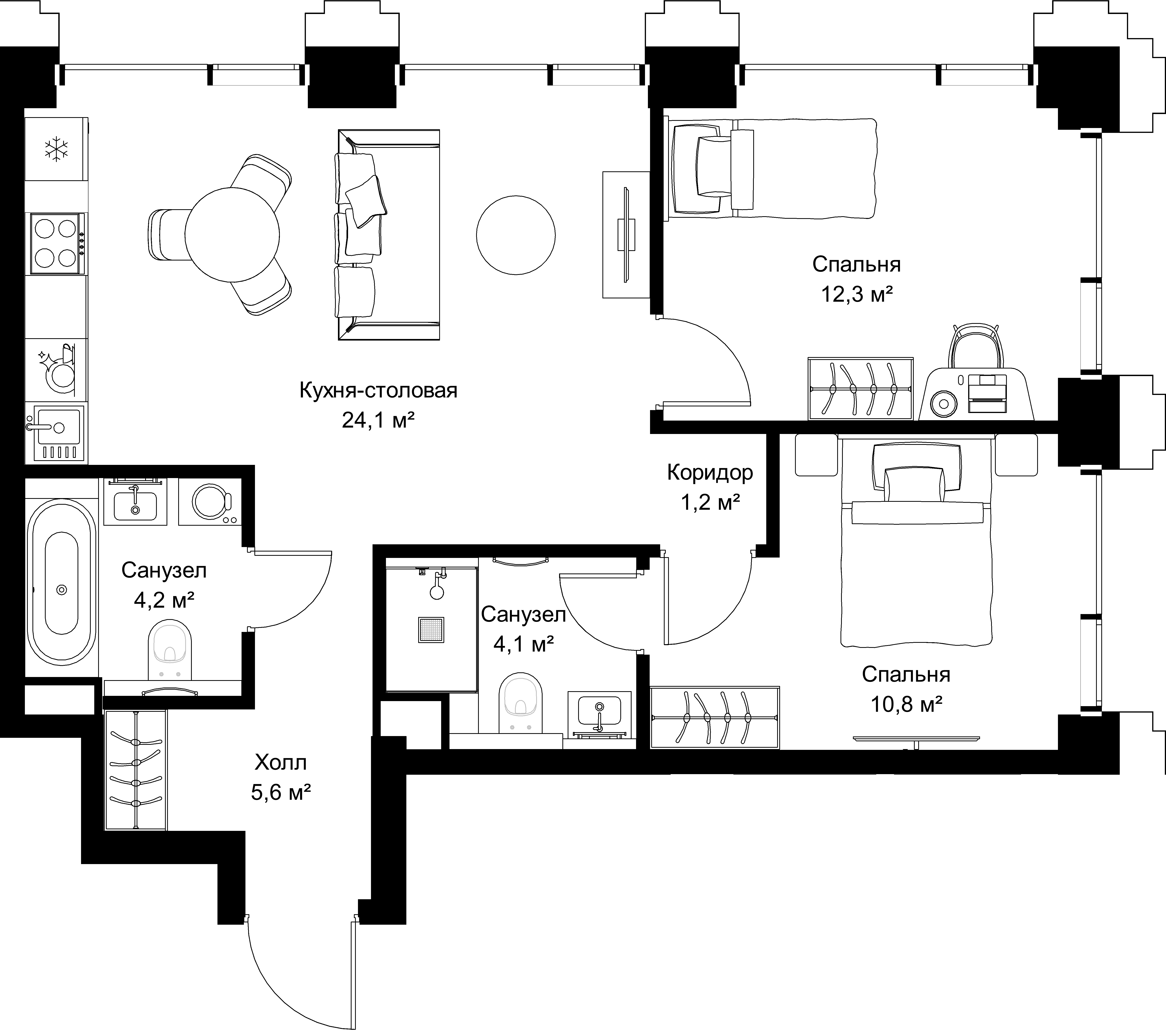 2-комнатная, 62,3 м² — 32 620 280 ₽