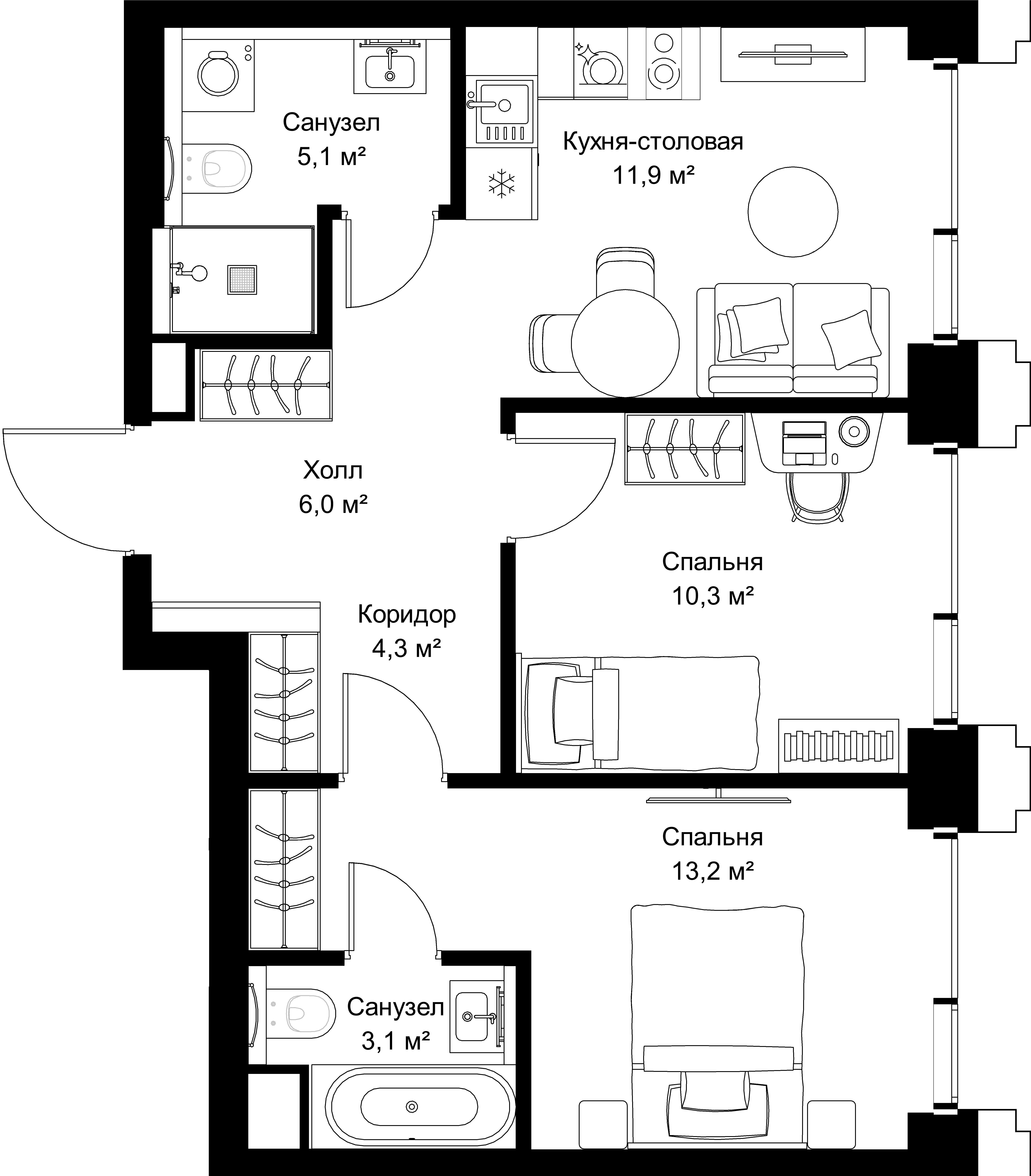 2-комнатная, 53,9 м² — 27 076 665 ₽