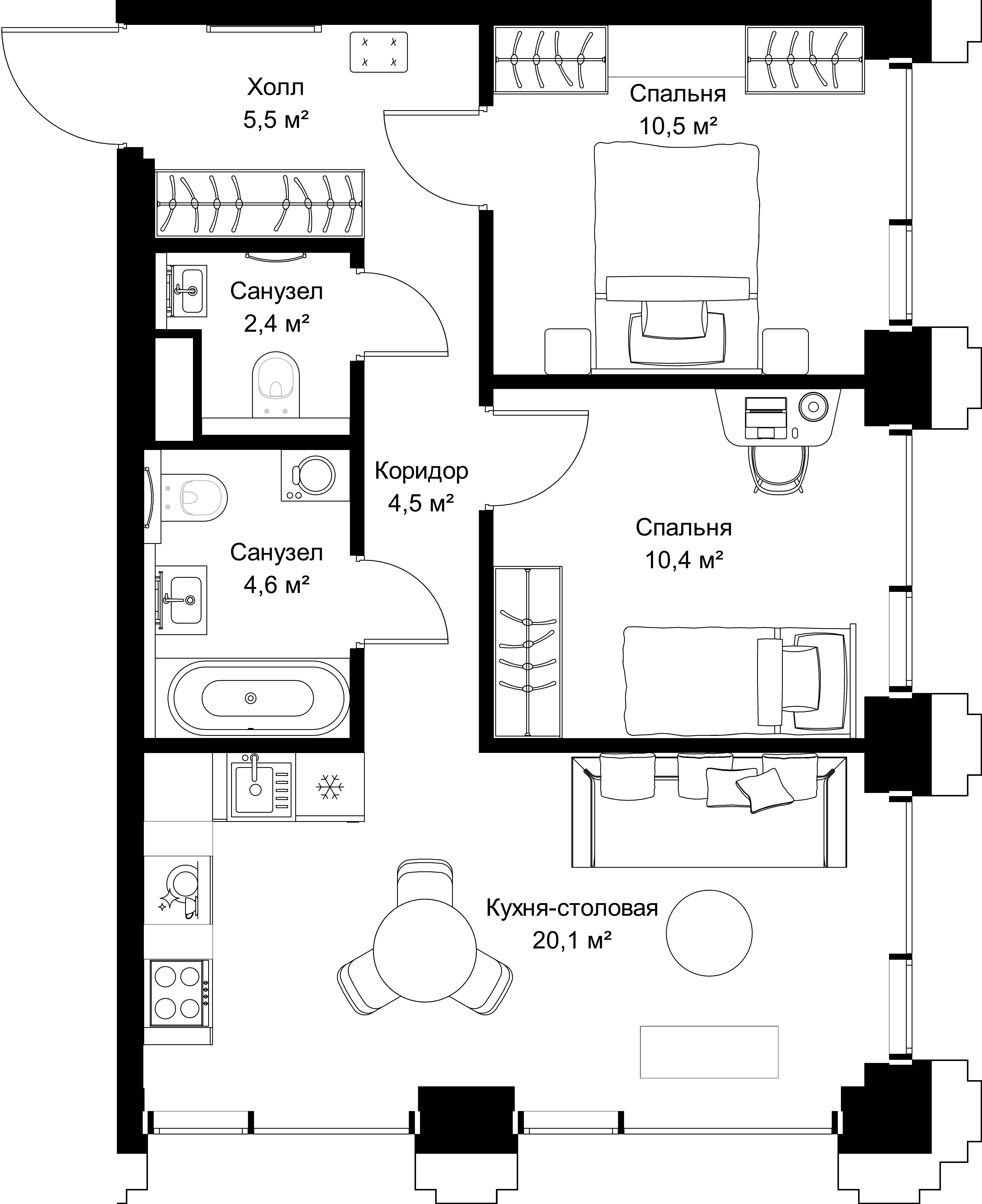 2-комнатная, 58 м² — 28 643 300 ₽