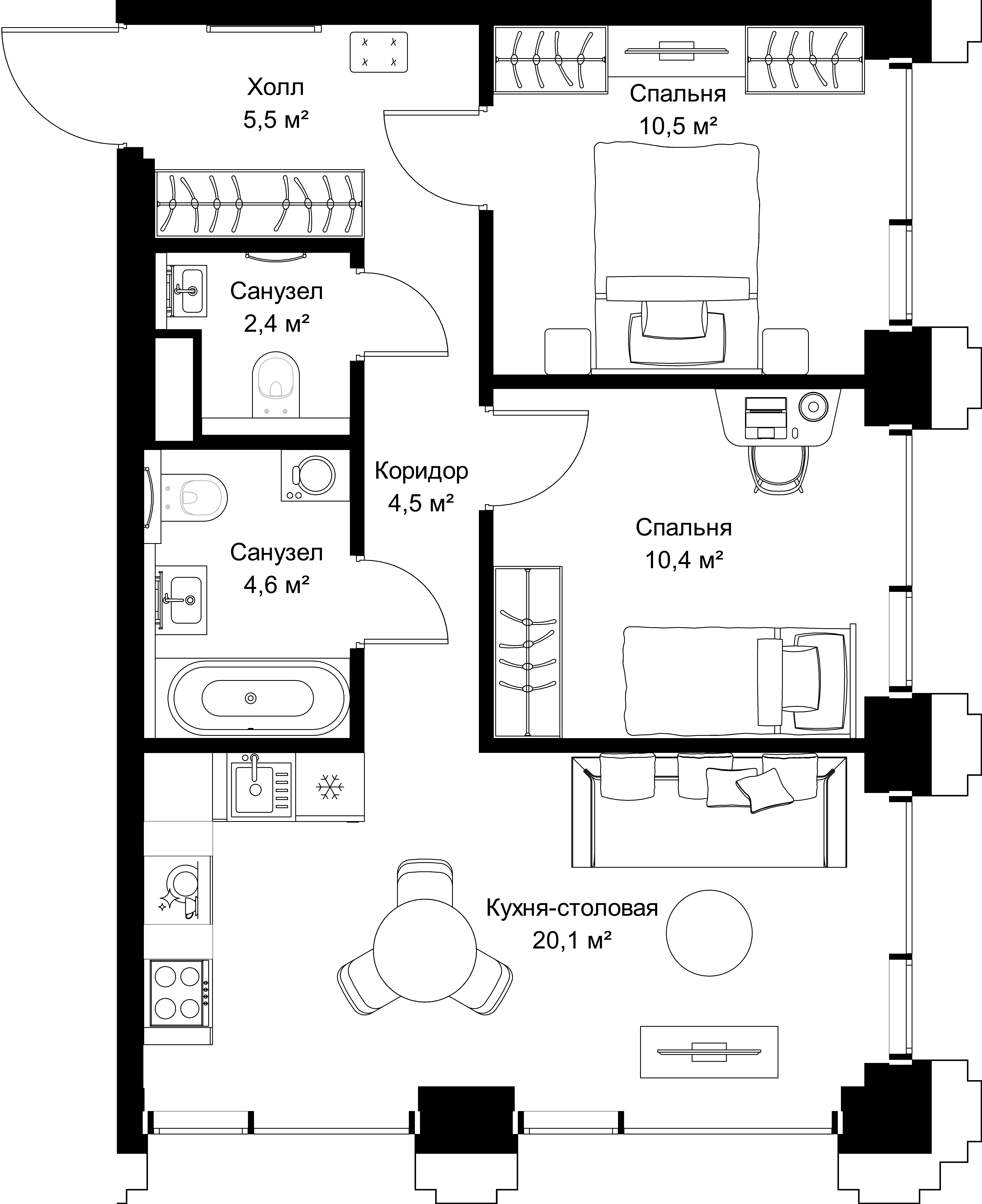 2-комнатная, 58 м² — 28 692 600 ₽