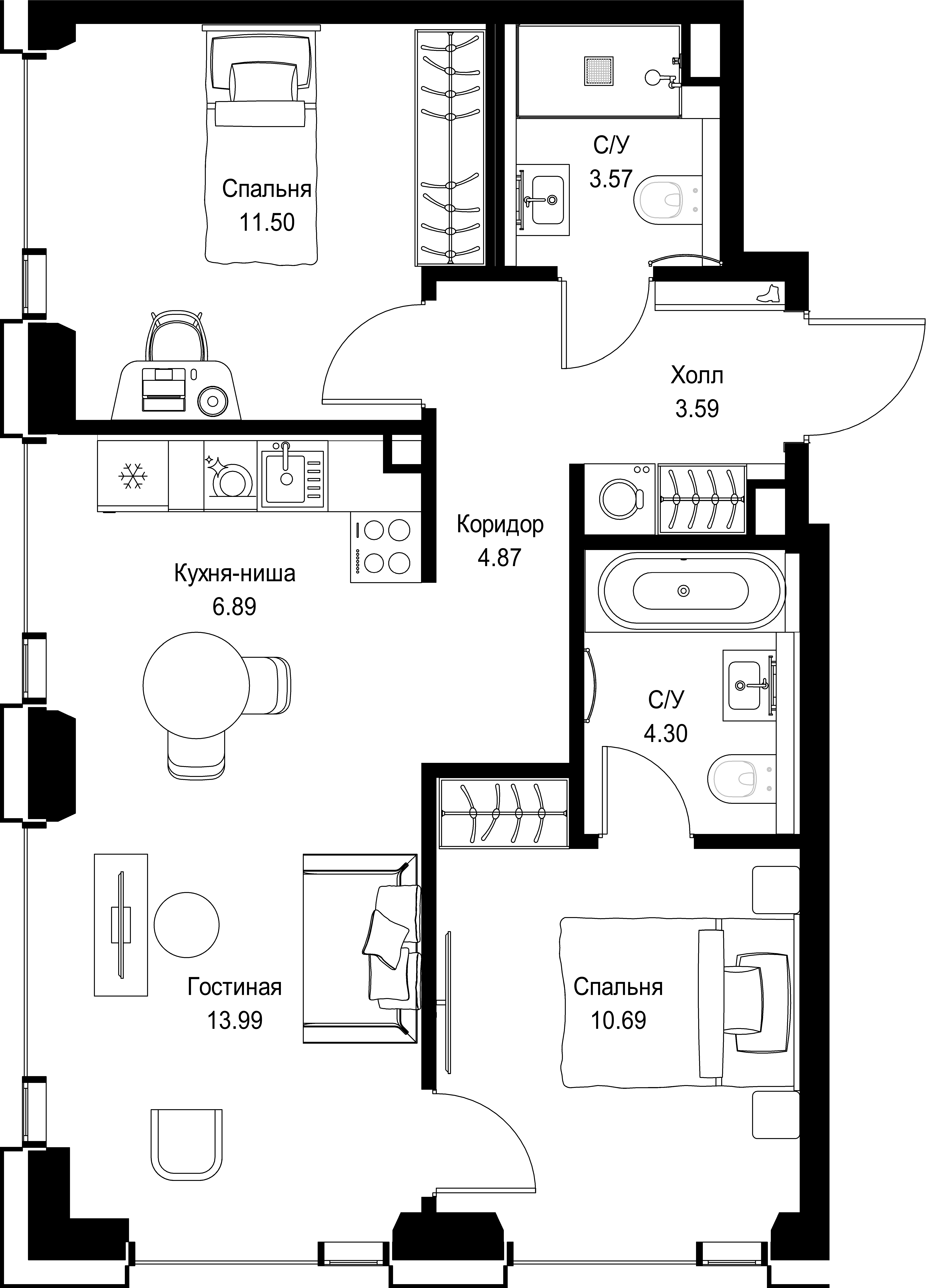 2-комнатная, 59,4 м² — 30 647 430 ₽