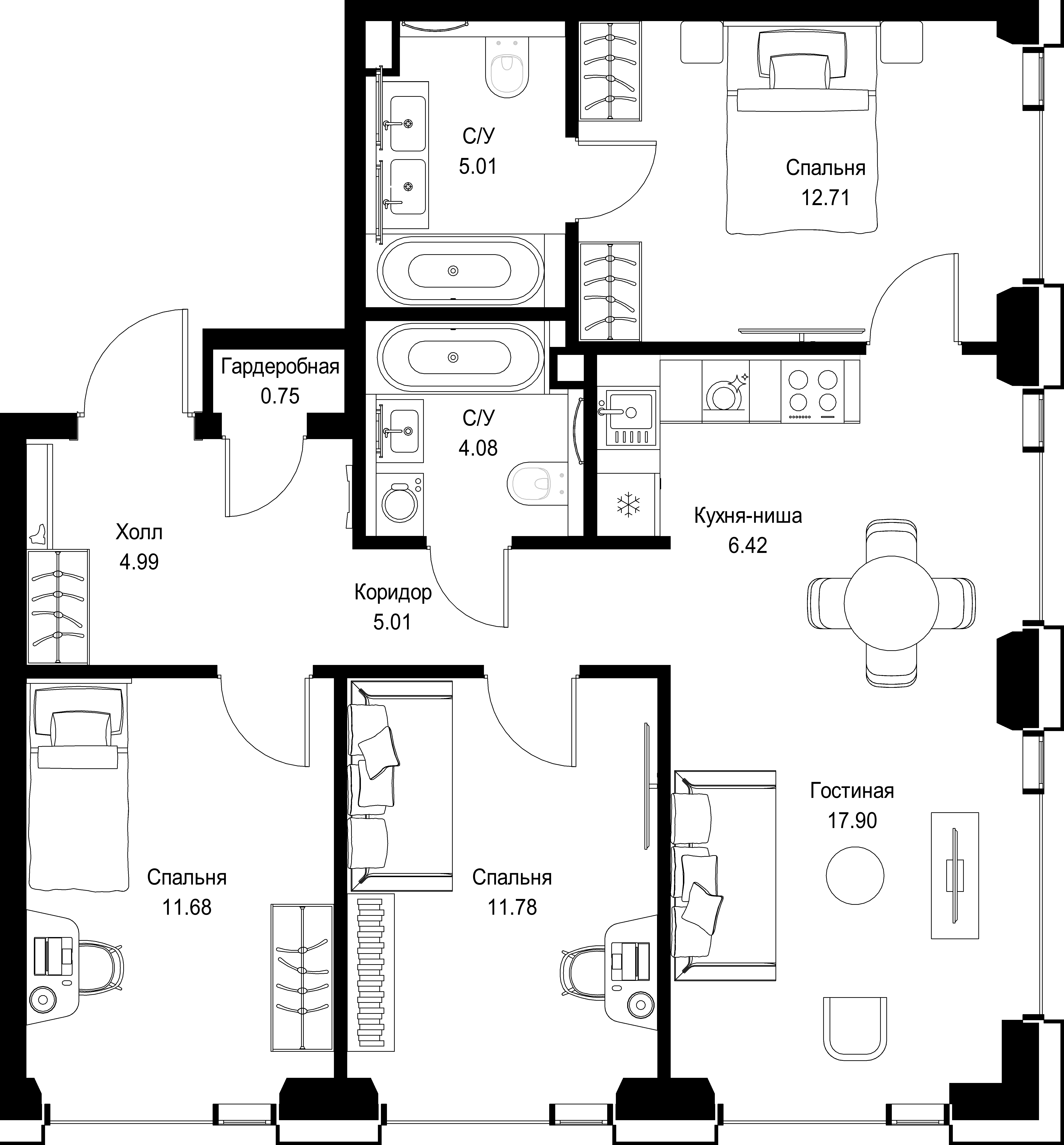 3-комнатная, 80,33 м² — 37 554 275 ₽
