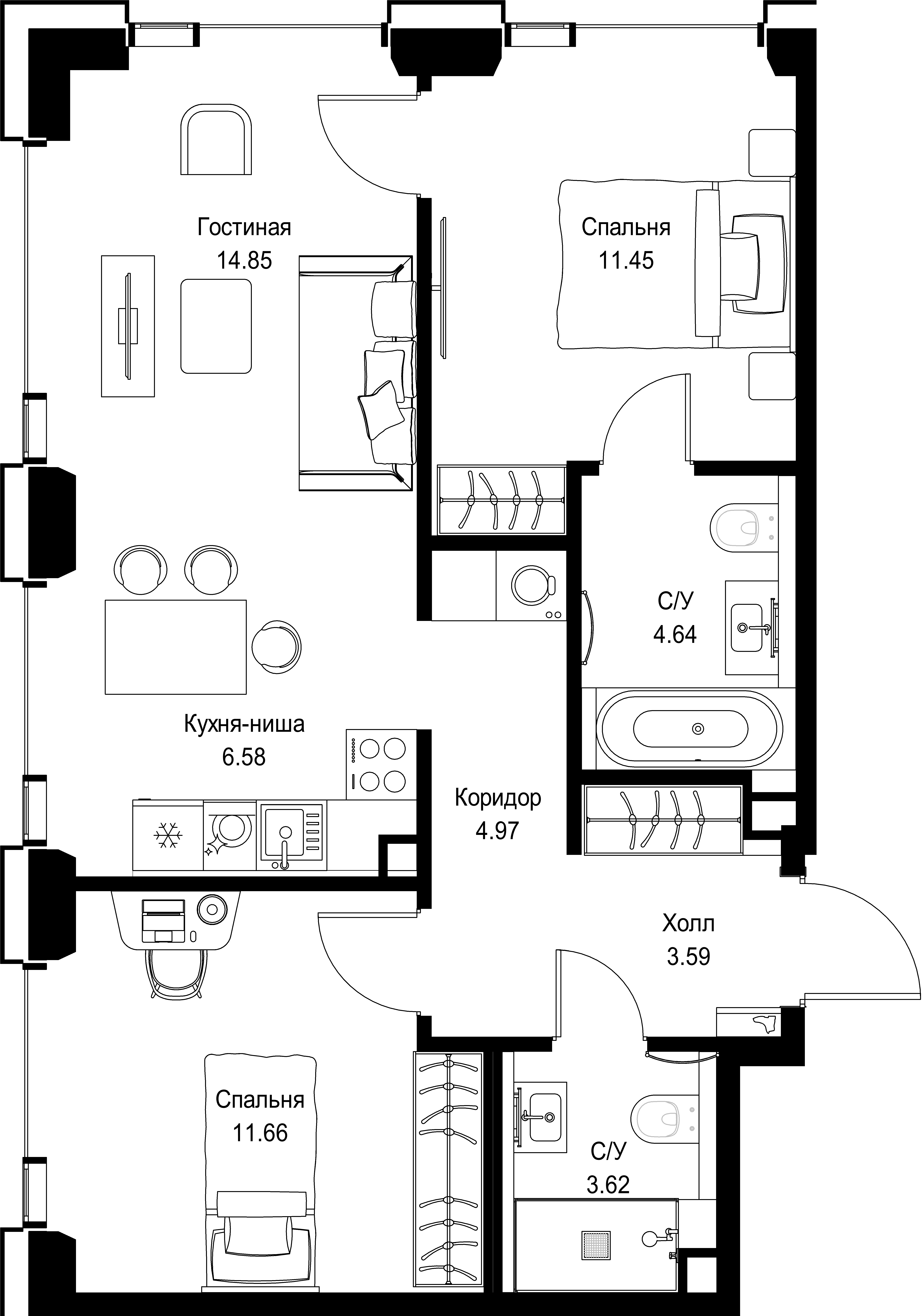 2-комнатная, 61,36 м² — 31 137 132 ₽