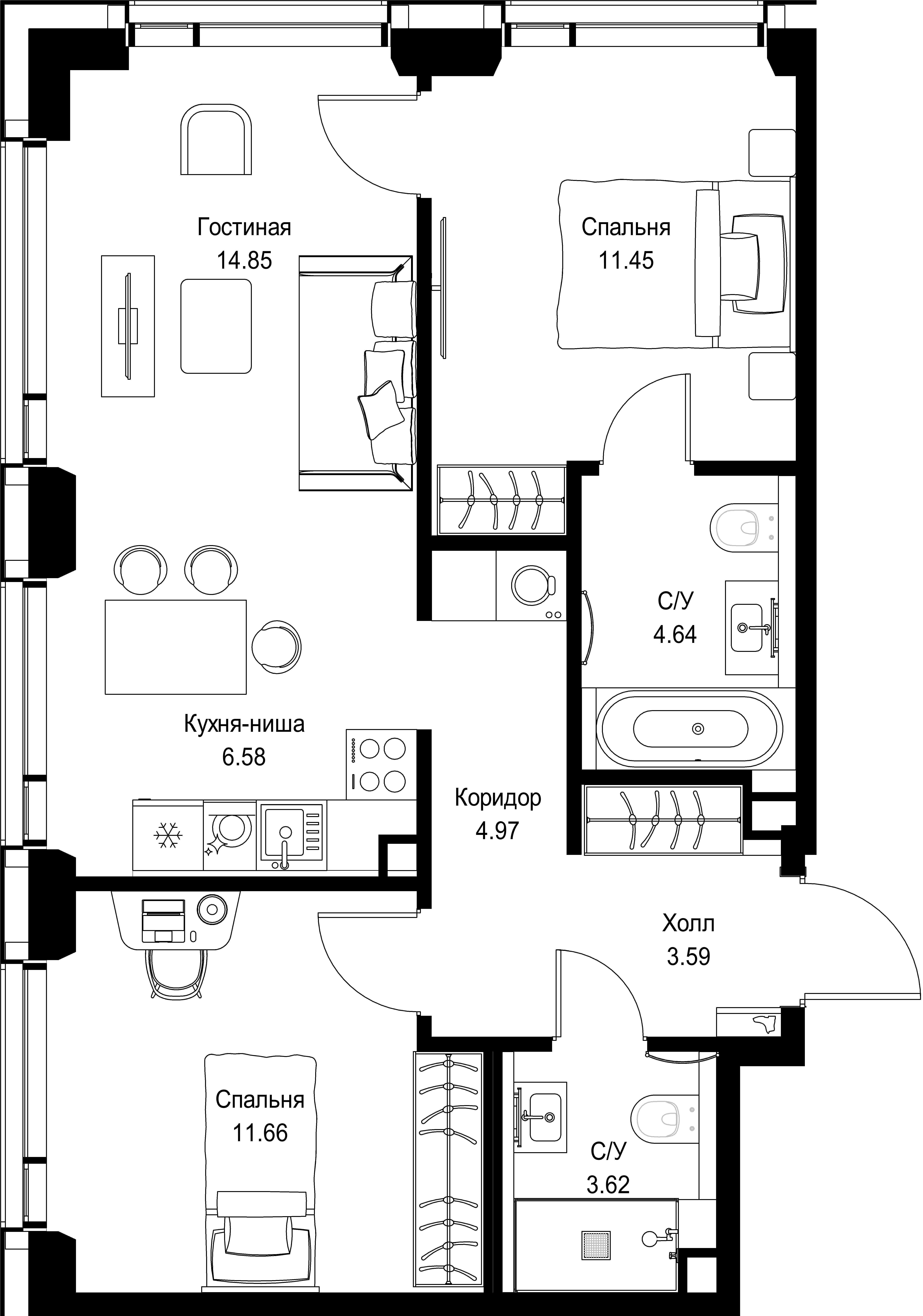 2-комнатная, 61,36 м² — 31 189 288 ₽