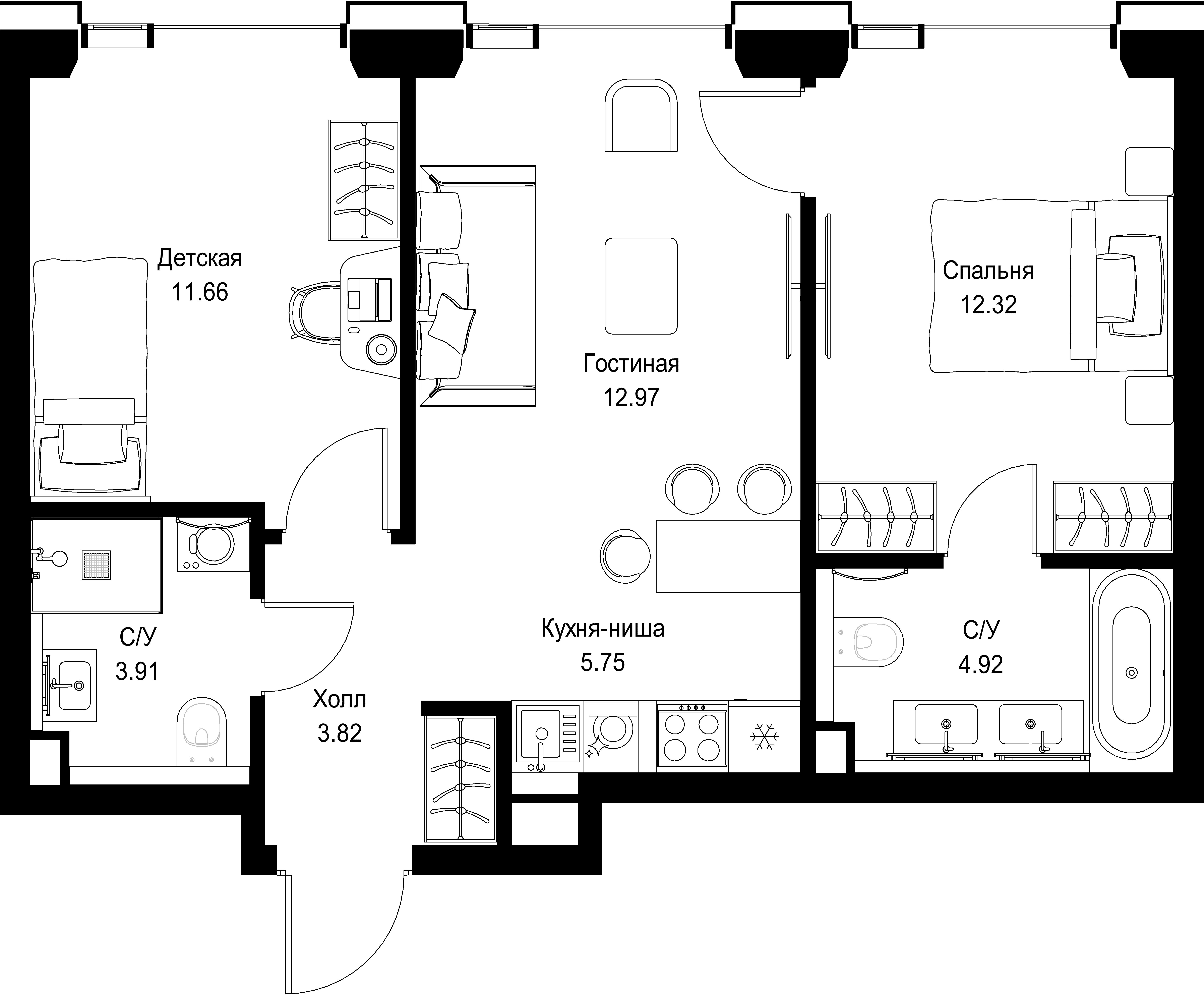2-комнатная, 55,35 м² — 28 322 595 ₽
