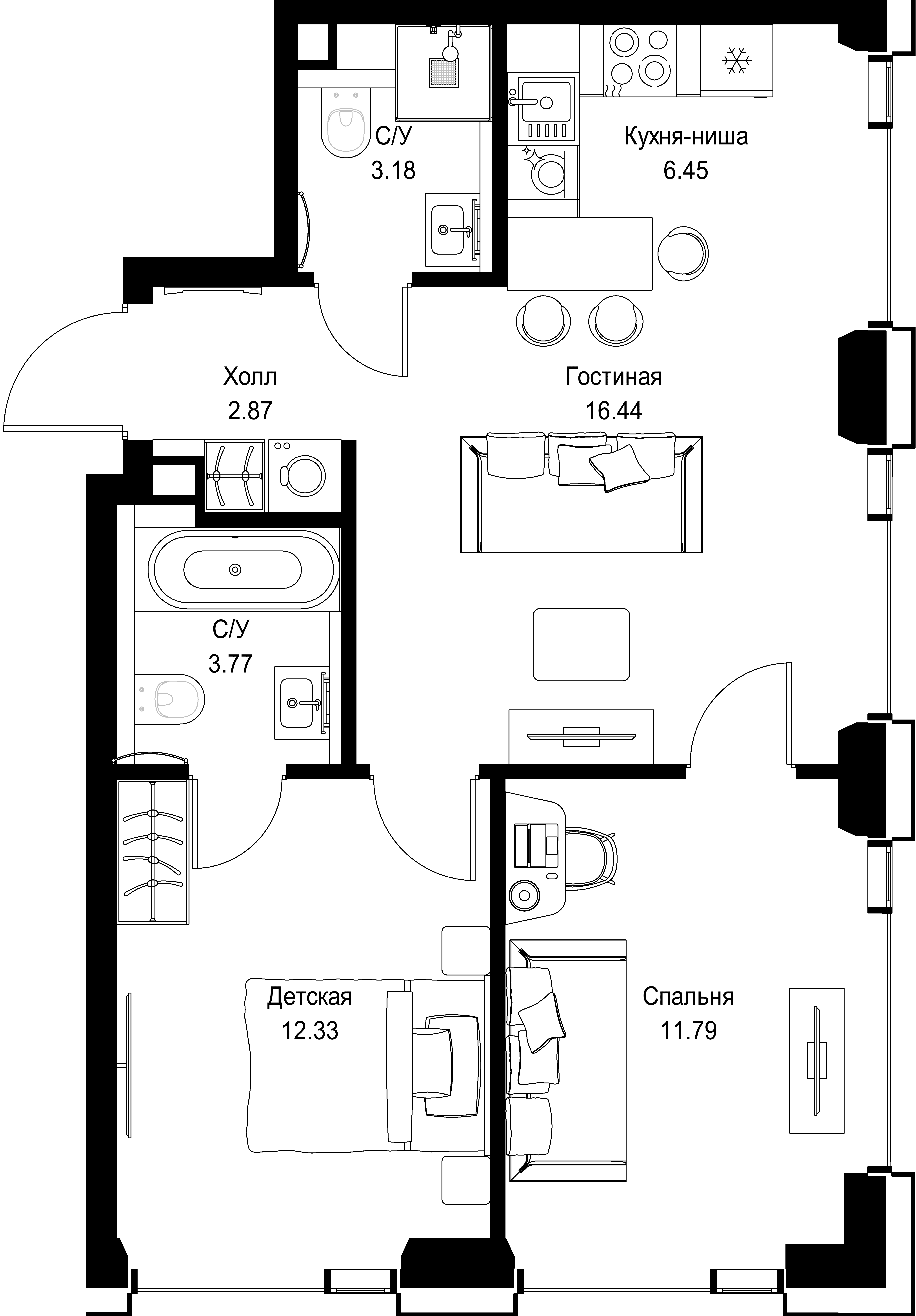 2-комнатная, 56,83 м² — 28 741 772 ₽