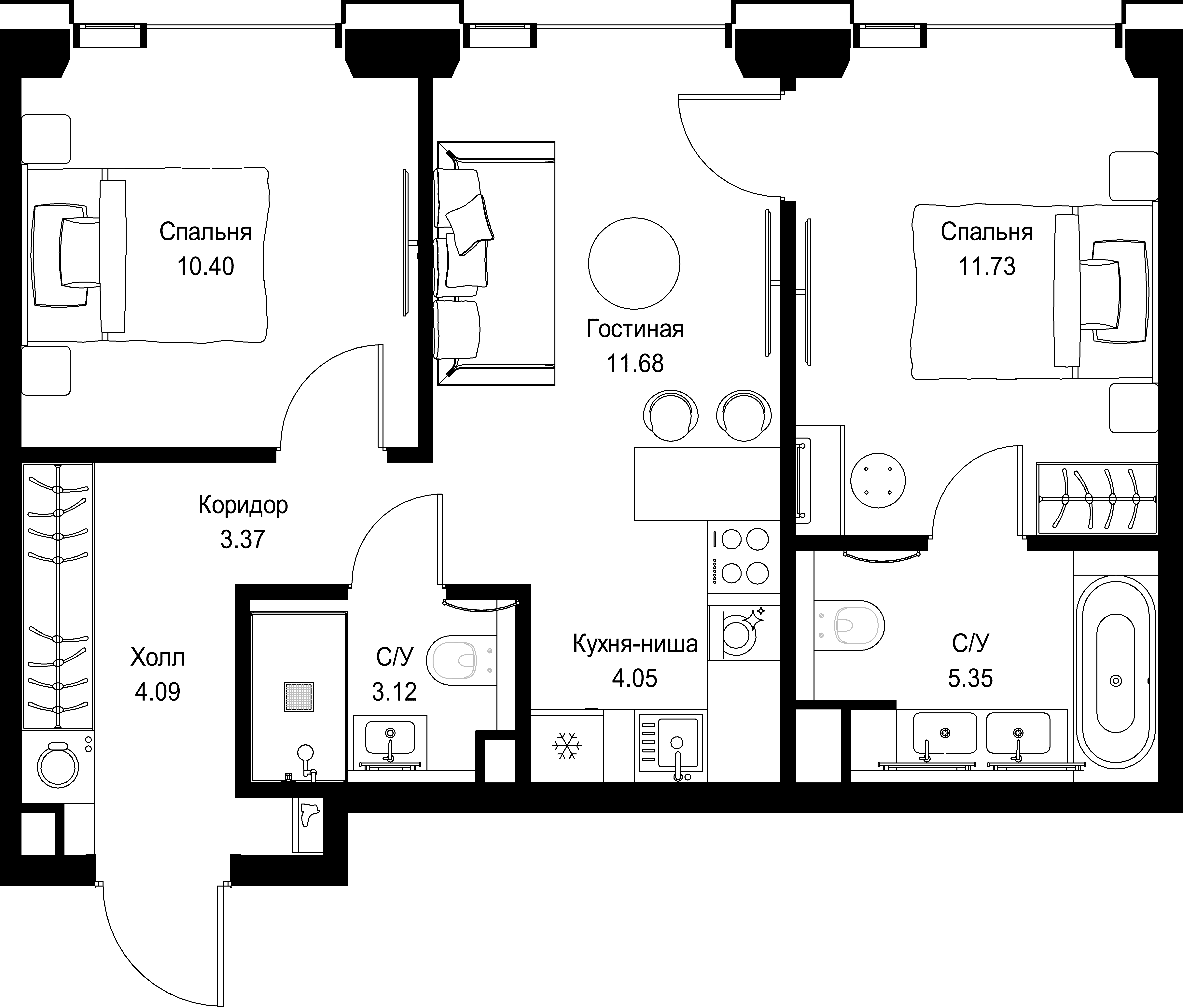 2-комнатная, 53,79 м² — 27 615 786 ₽