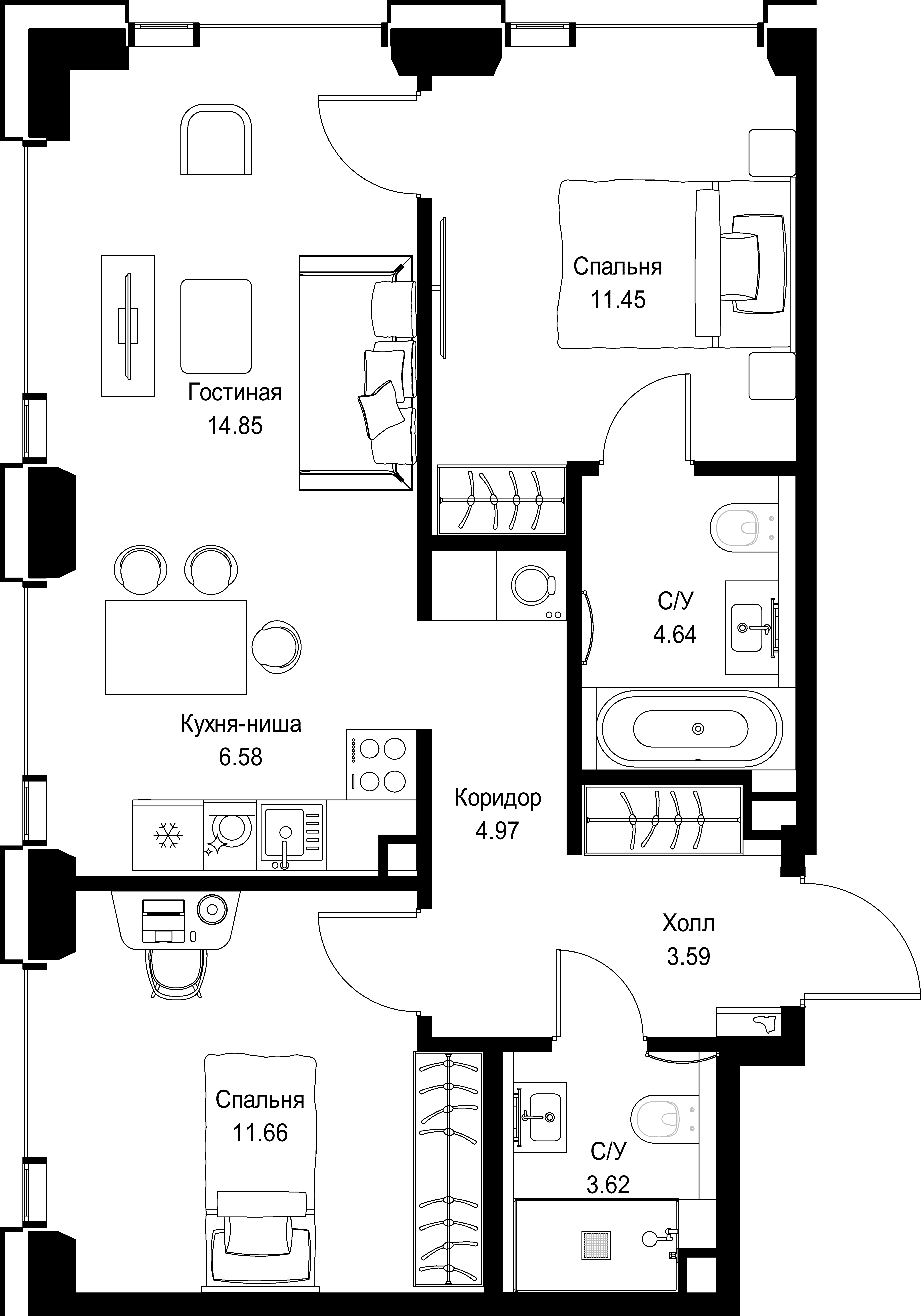 2-комнатная, 61,36 м² — 31 293 600 ₽