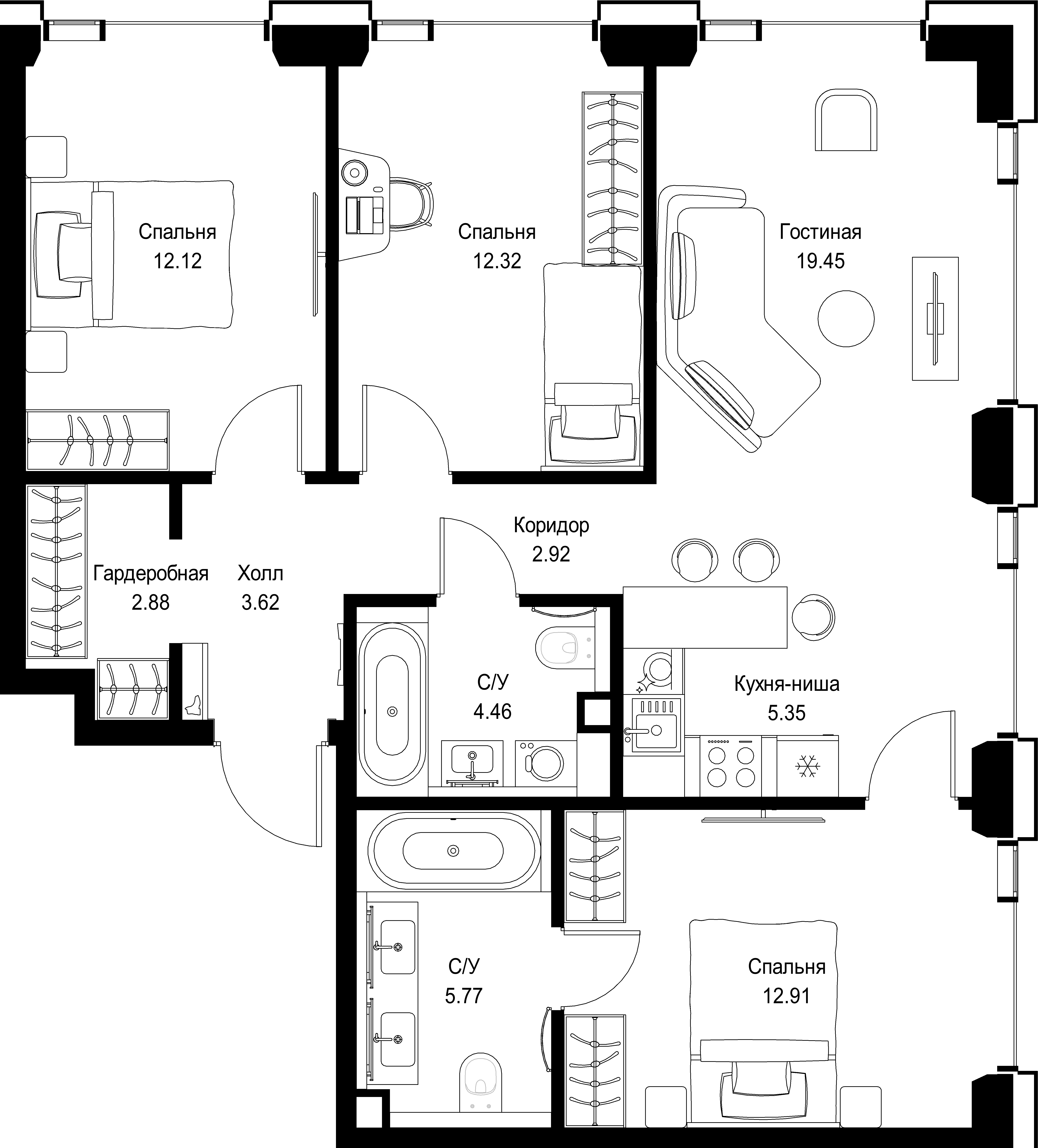 3-комнатная, 81,8 м² — 39 145 390 ₽