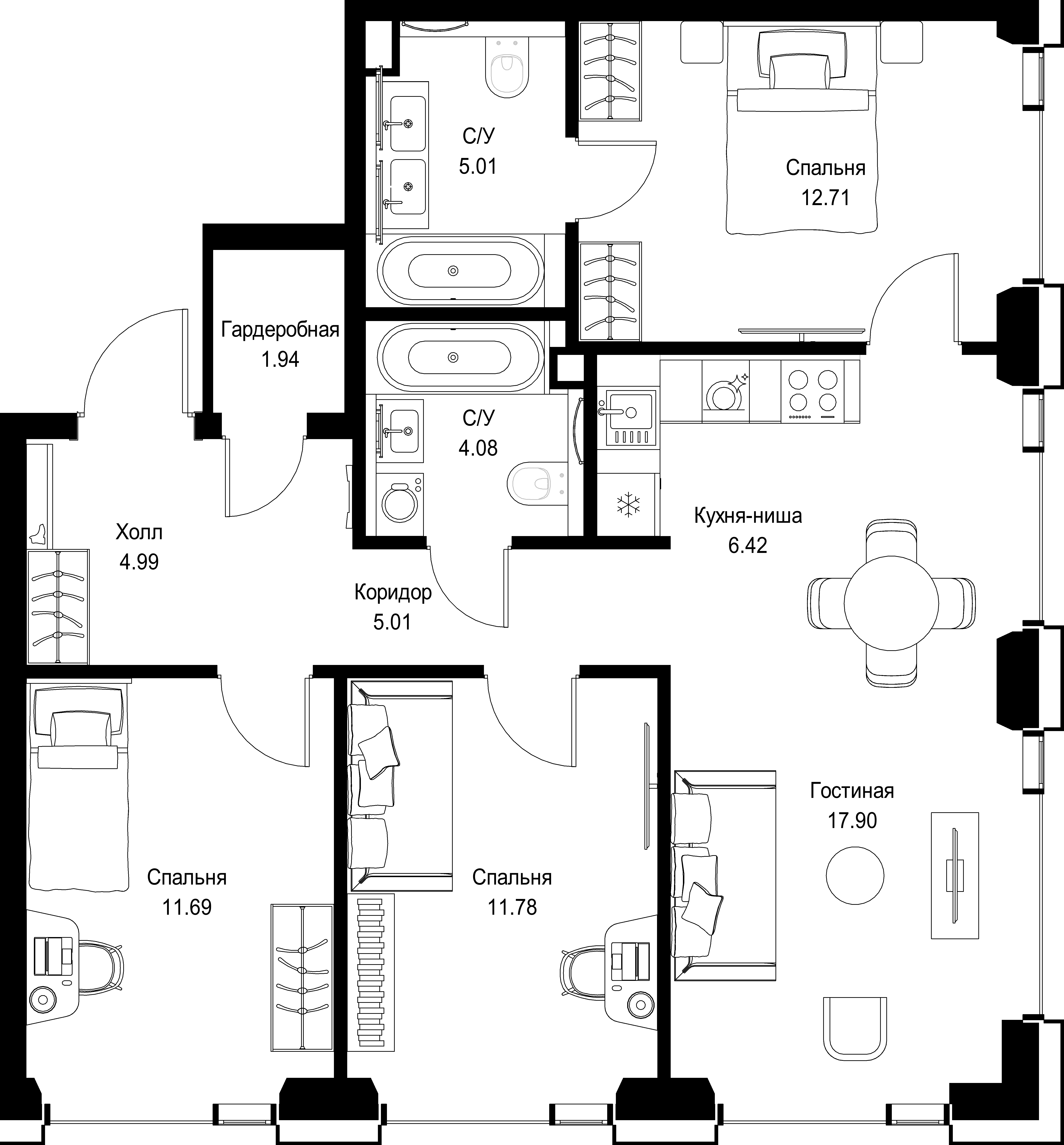 3-комнатная, 79,59 м² — 37 749 537 ₽