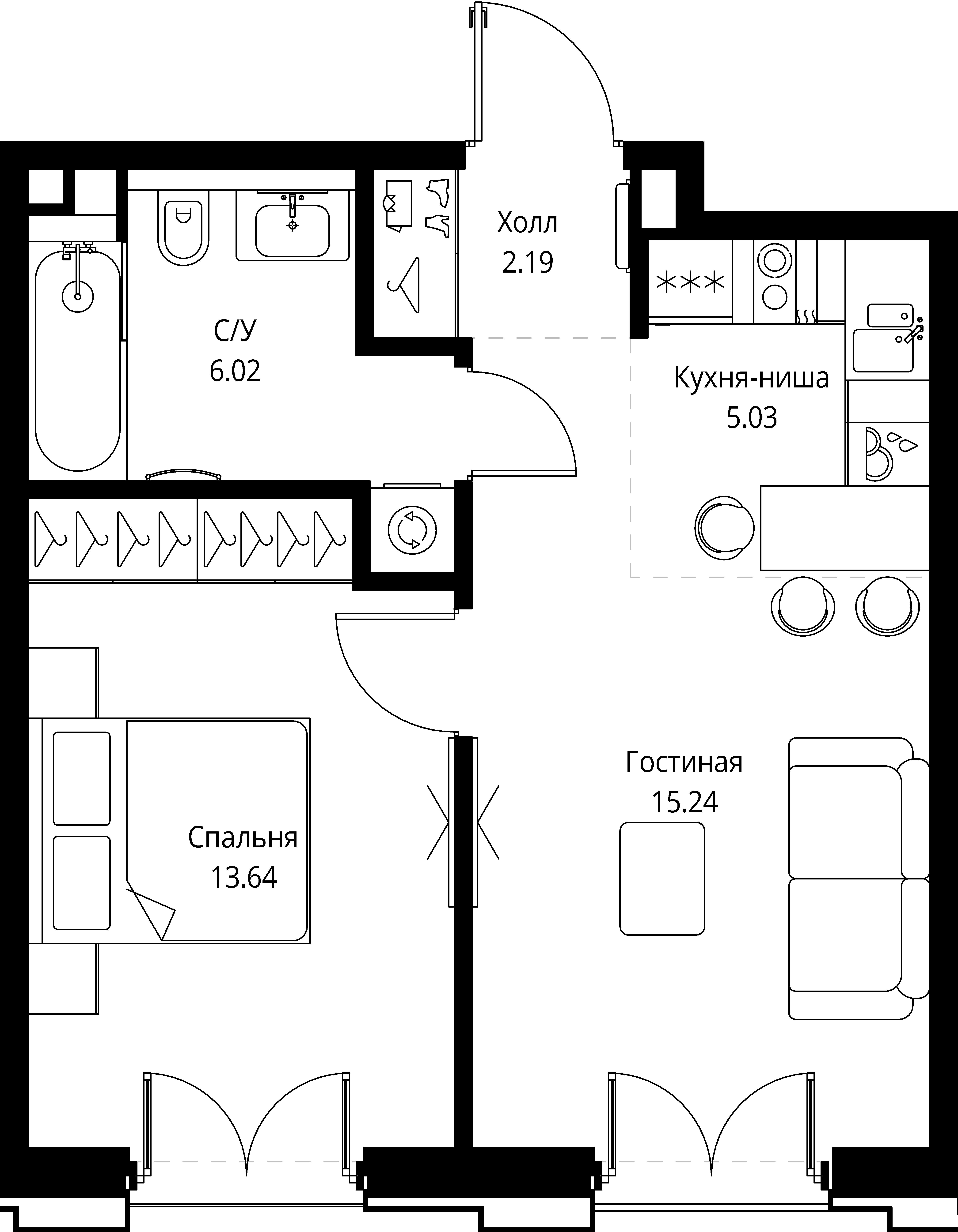 1-комнатная, 42,12 м² — 28 068 768 ₽