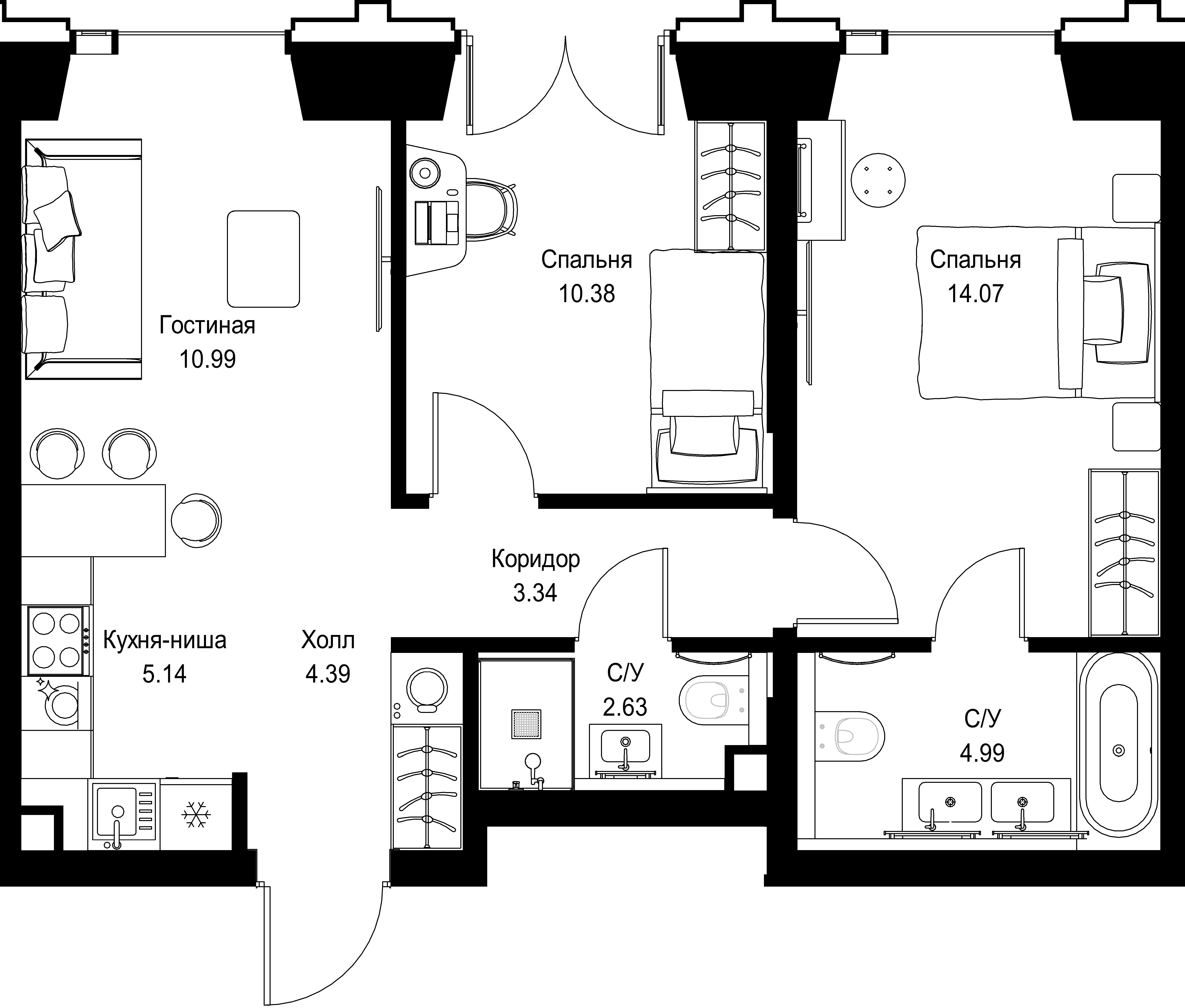 2-комнатная, 55,93 м² — 34 894 727 ₽
