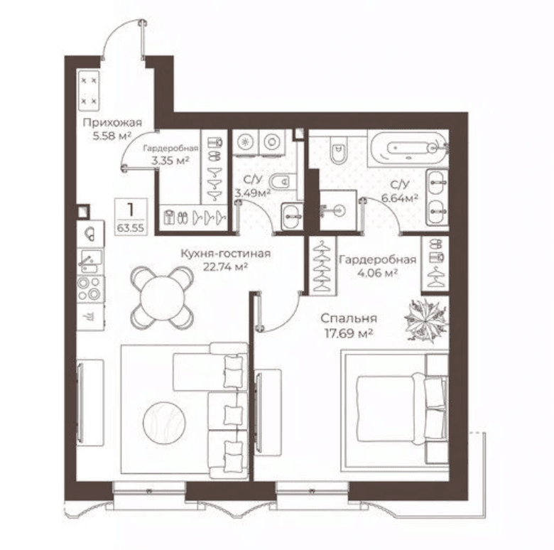 1-комнатная, 63,5 м² — 104 903 446 ₽