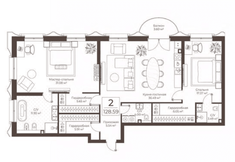2-комнатная, 128,5 м² — 213 556 742 ₽