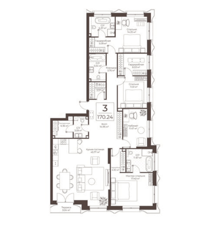 3-комнатная, 170,2 м² — 510 670 800 ₽
