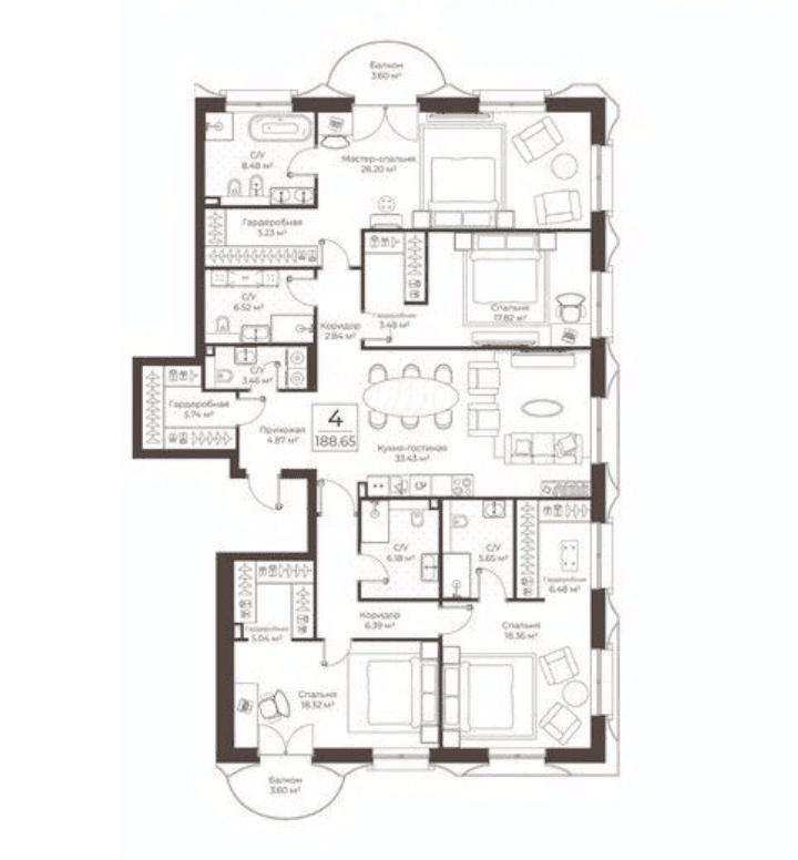 4-комнатная, 188,6 м² — 347 427 649 ₽