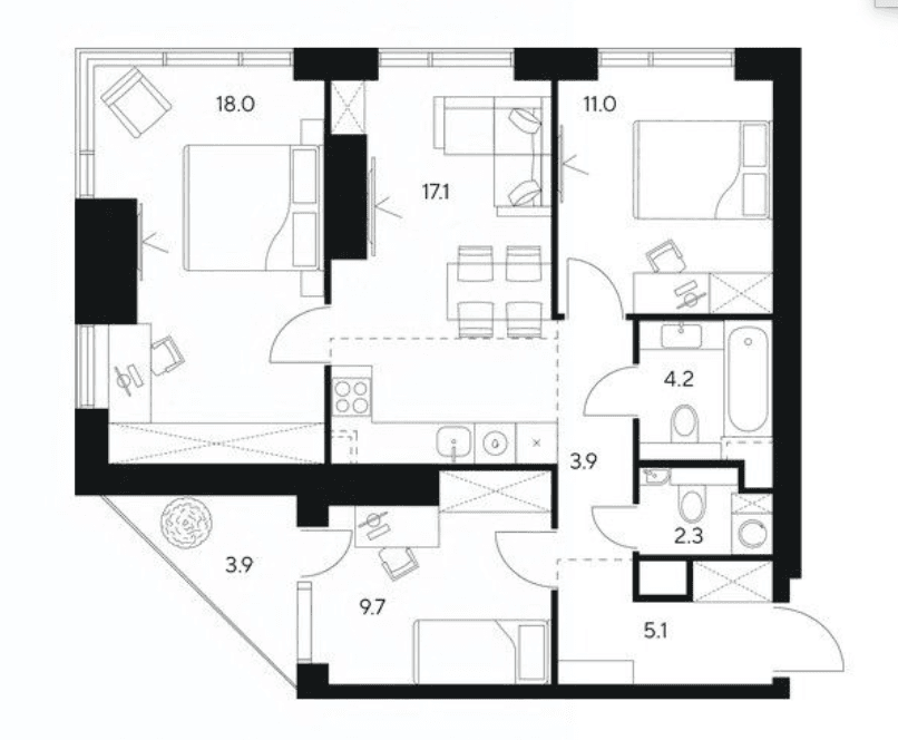 3-комнатная, 72,2 м² — 42 707 358 ₽