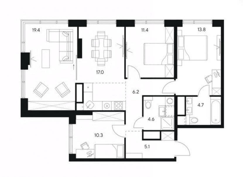 4-комнатная, 92 м² — 58 304 045 ₽