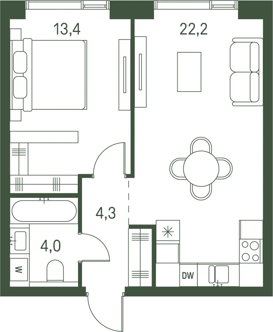 1-комнатная, 43,9 м² — 29 852 000 ₽