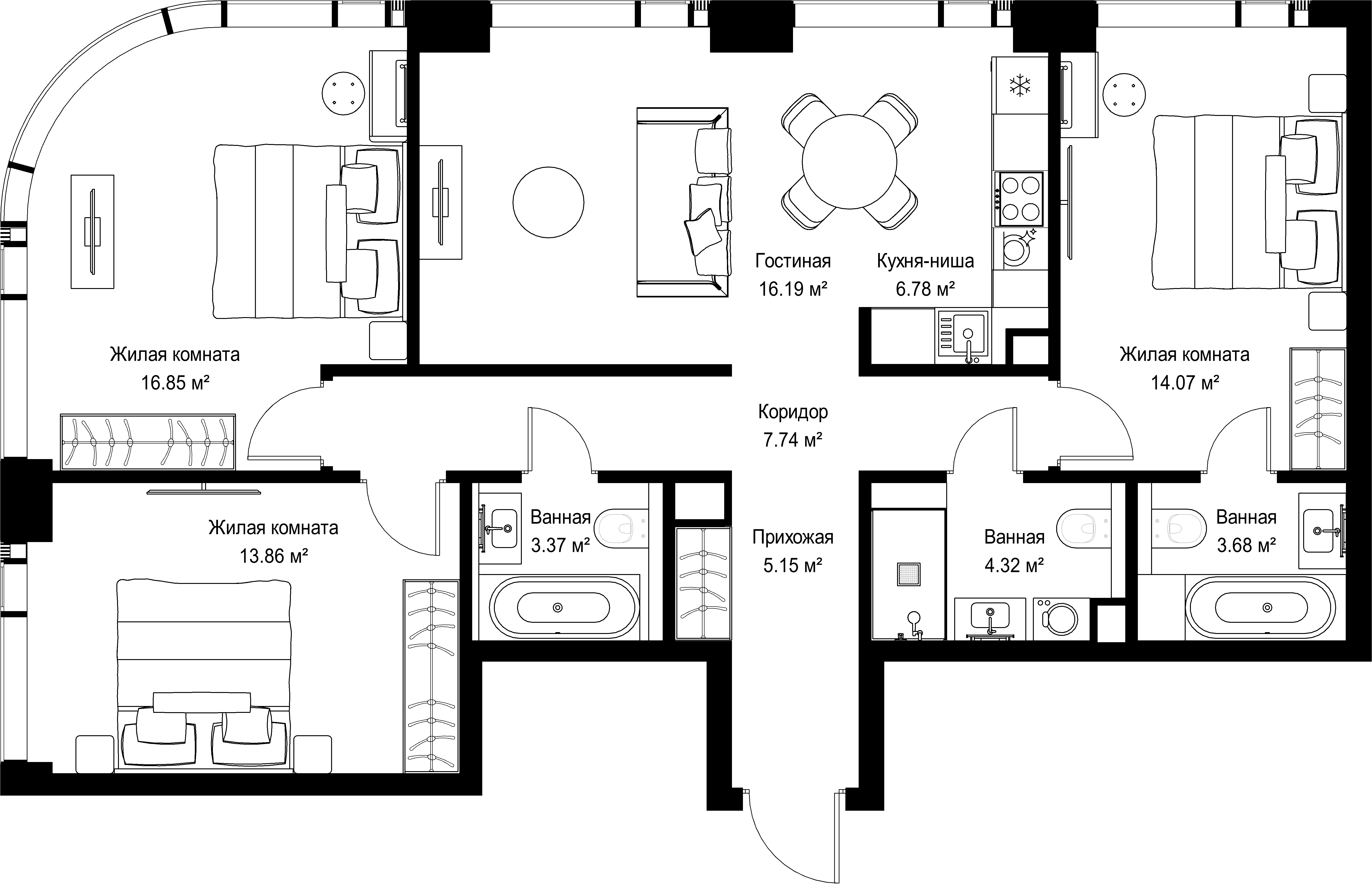 3-комнатная, 92,01 м² — 45 048 096 ₽