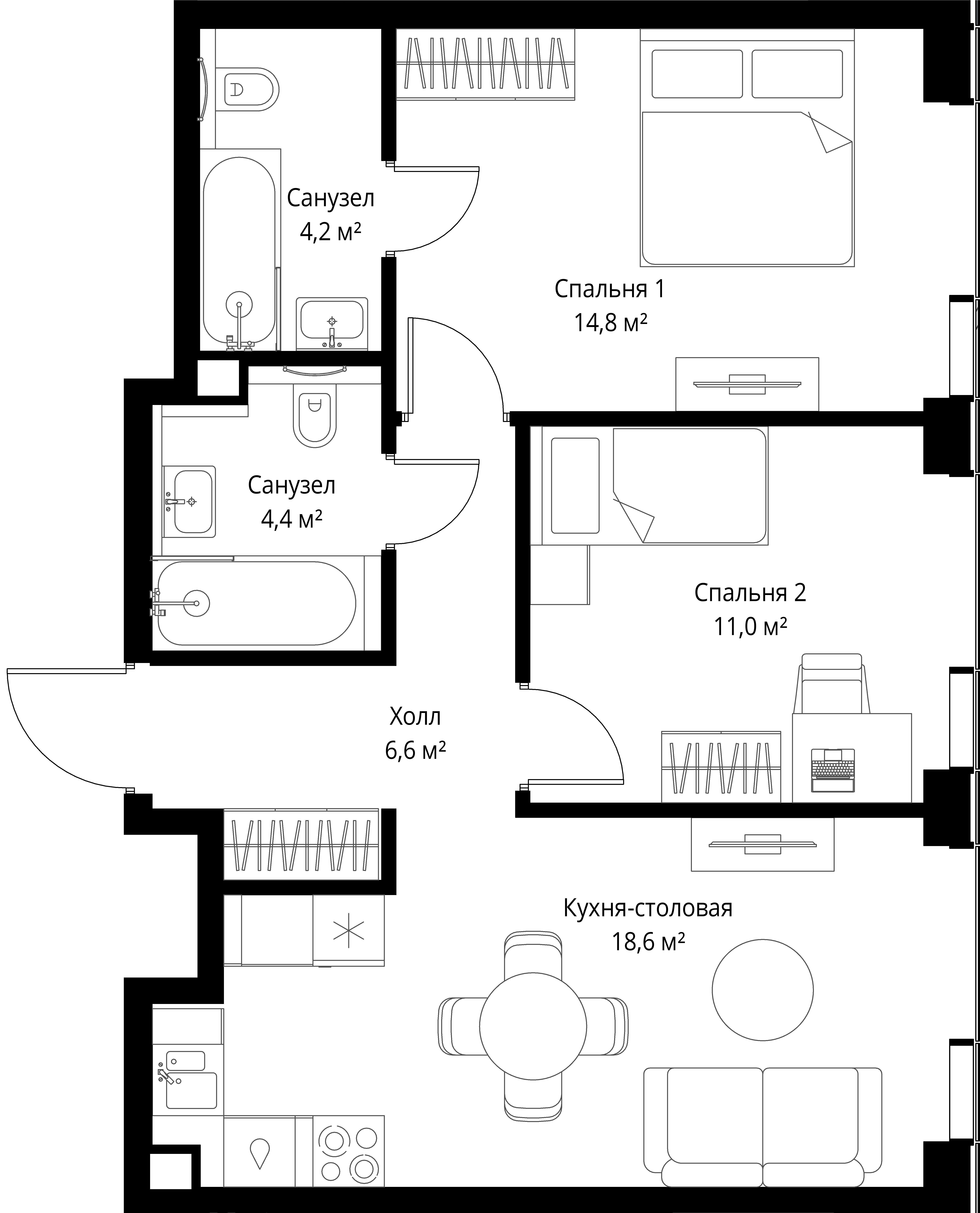 2-комнатная, 59,6 м² — 30 041 380 ₽