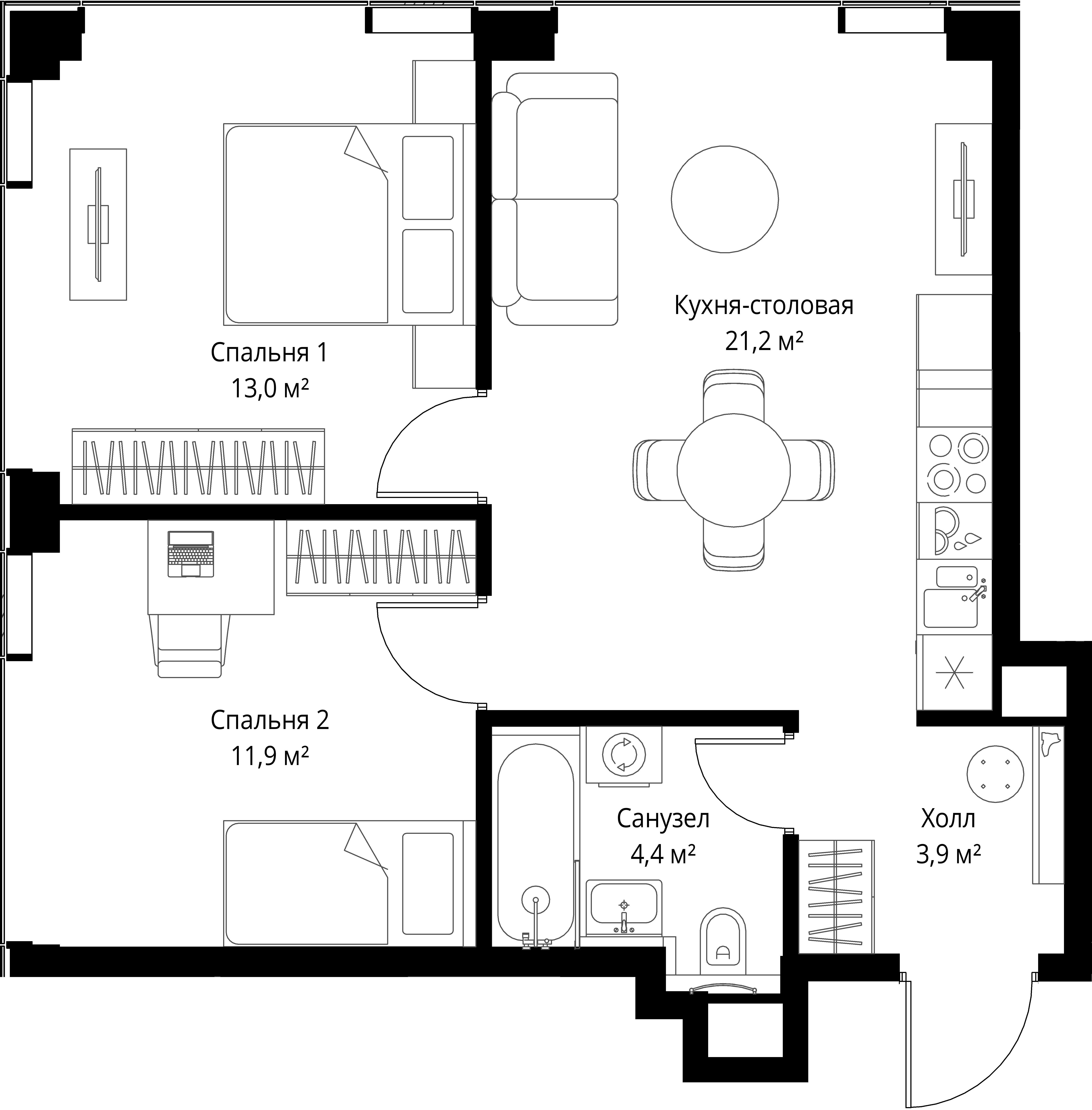 2-комнатная, 54,4 м² — 28 067 680 ₽