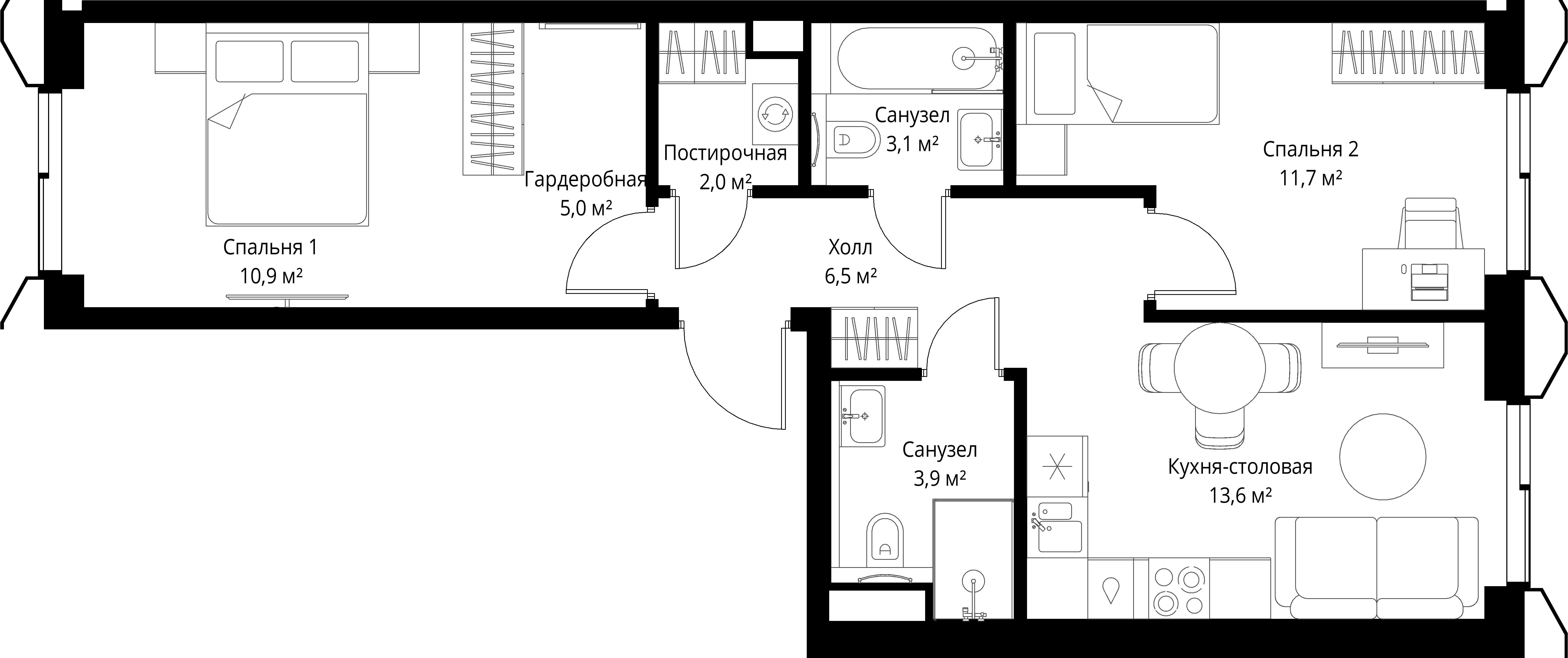2-комнатная, 56,7 м² — 27 615 735 ₽