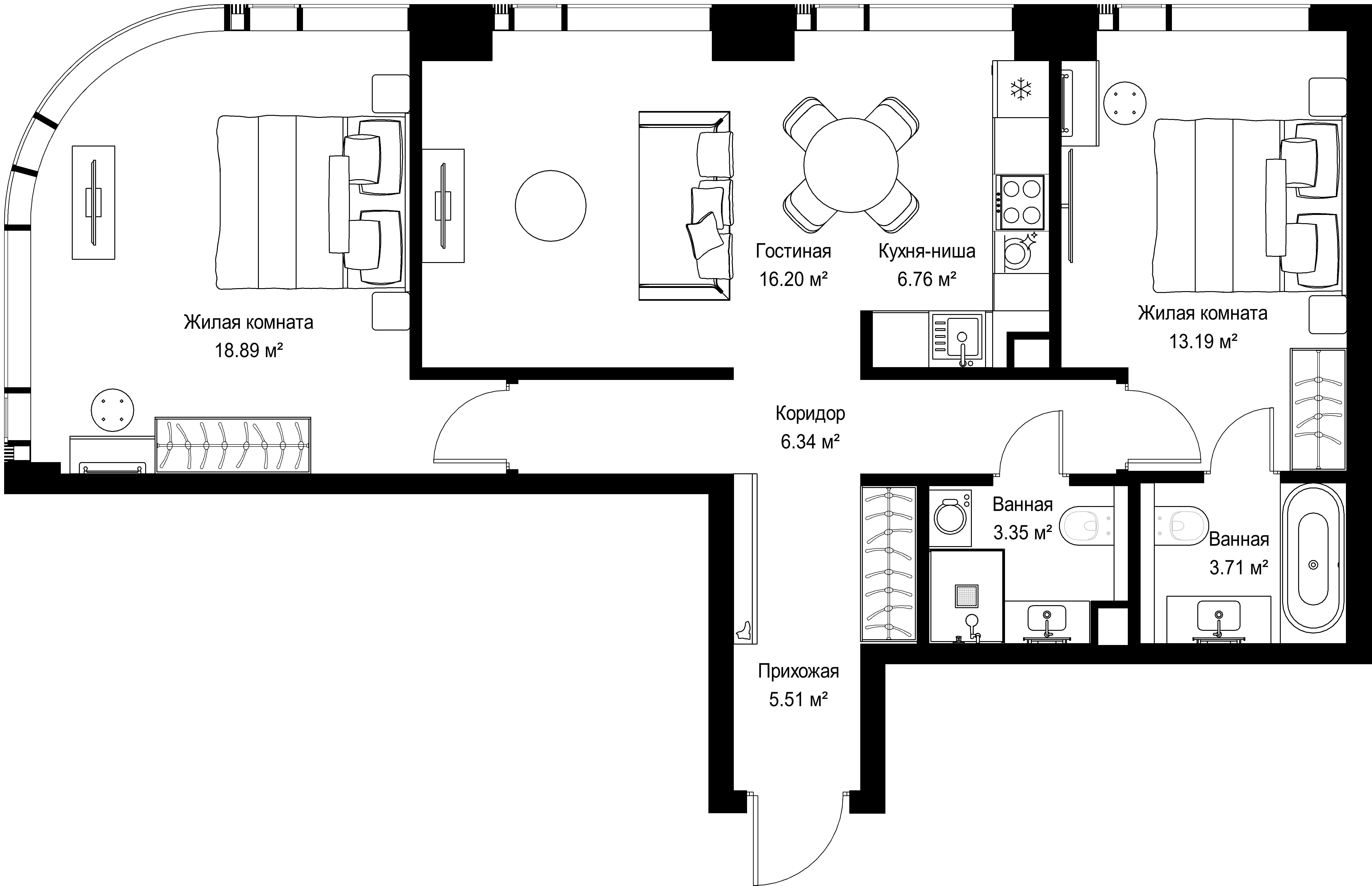 2-комнатная, 73,95 м² — 30 940 680 ₽