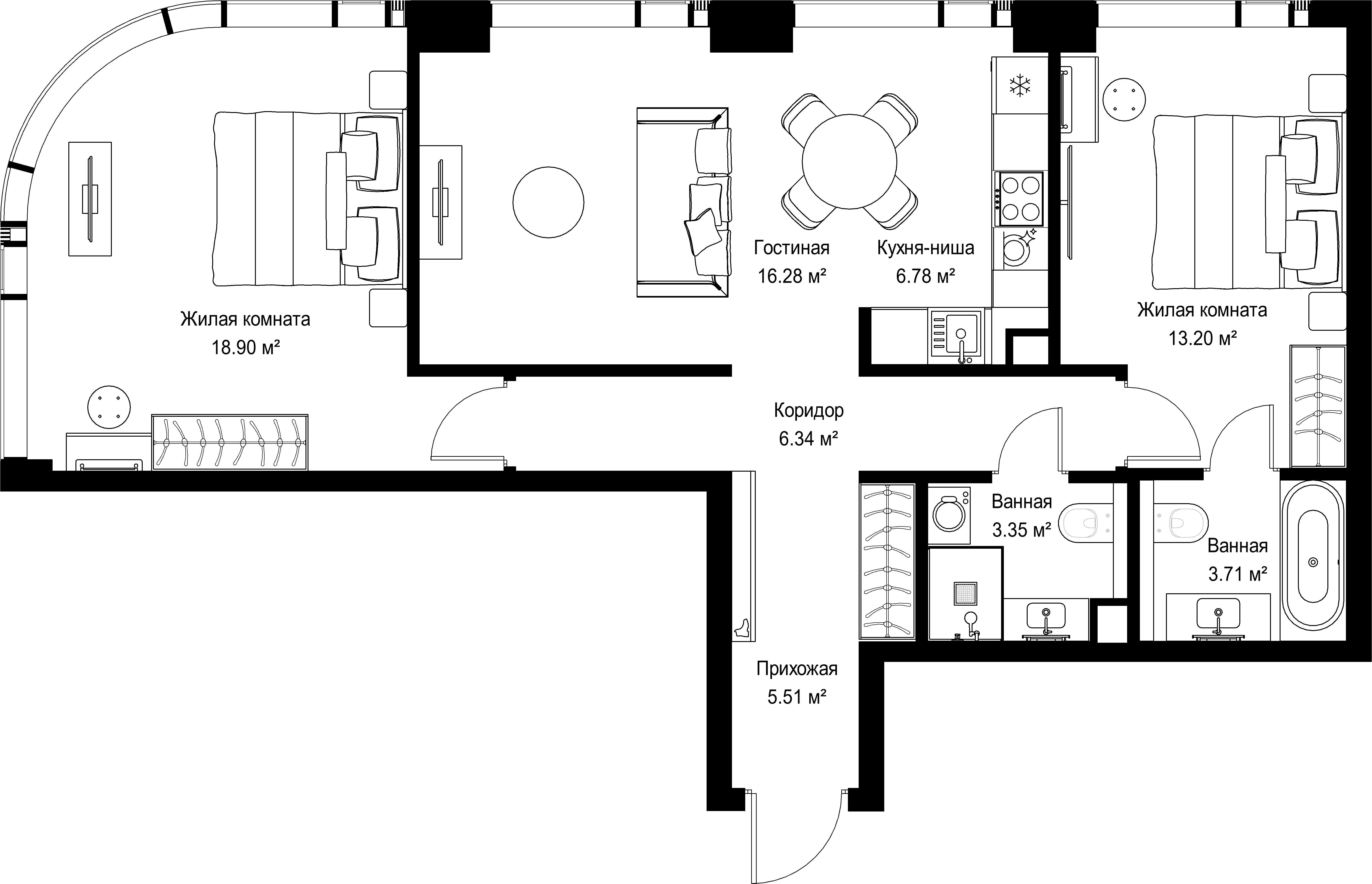 2-комнатная, 74,07 м² — 32 990 778 ₽