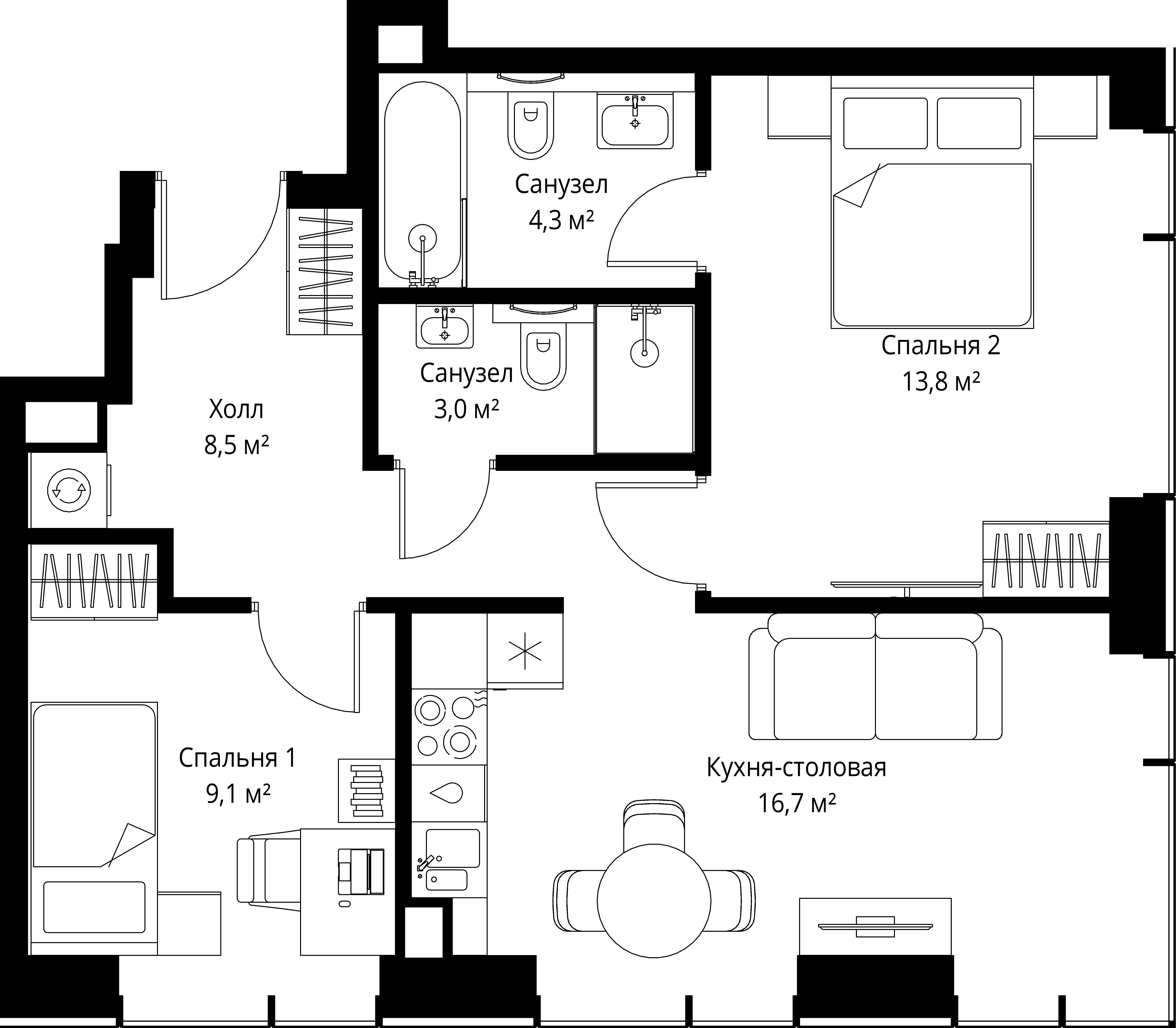 2-комнатная, 55,4 м² — 29 101 620 ₽