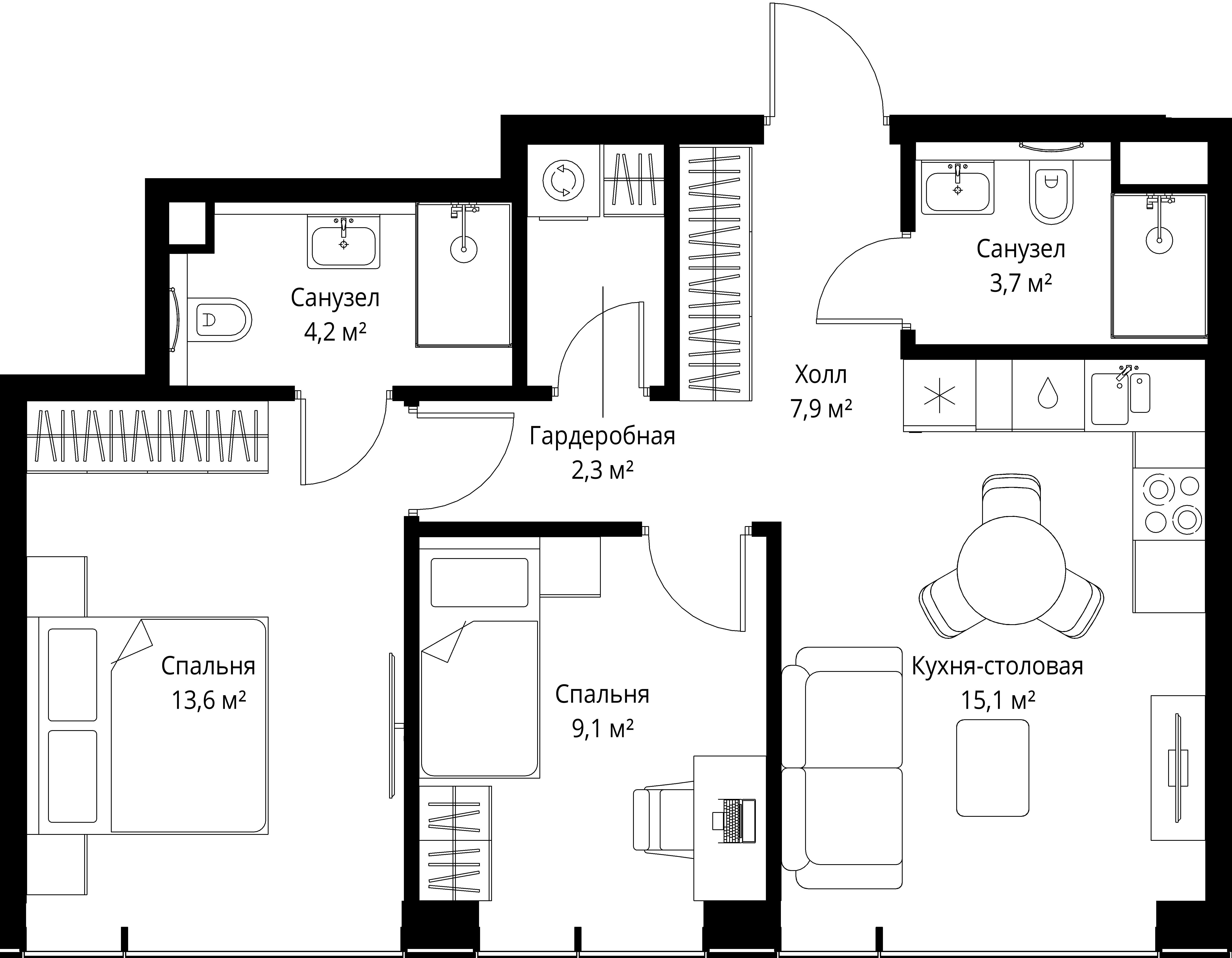 2-комнатная, 55,9 м² — 29 744 390 ₽