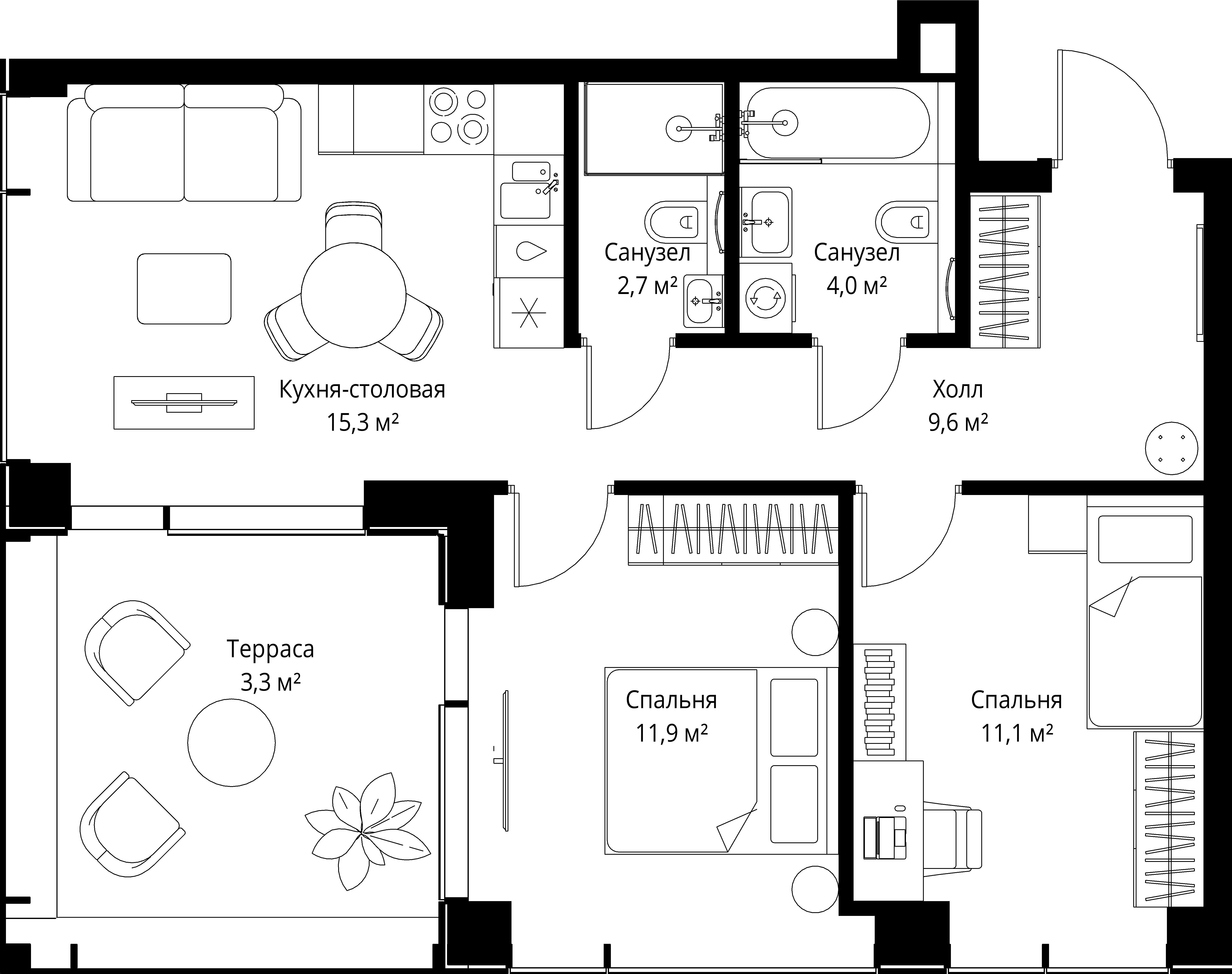 2-комнатная, 57,9 м² — 37 108 110 ₽