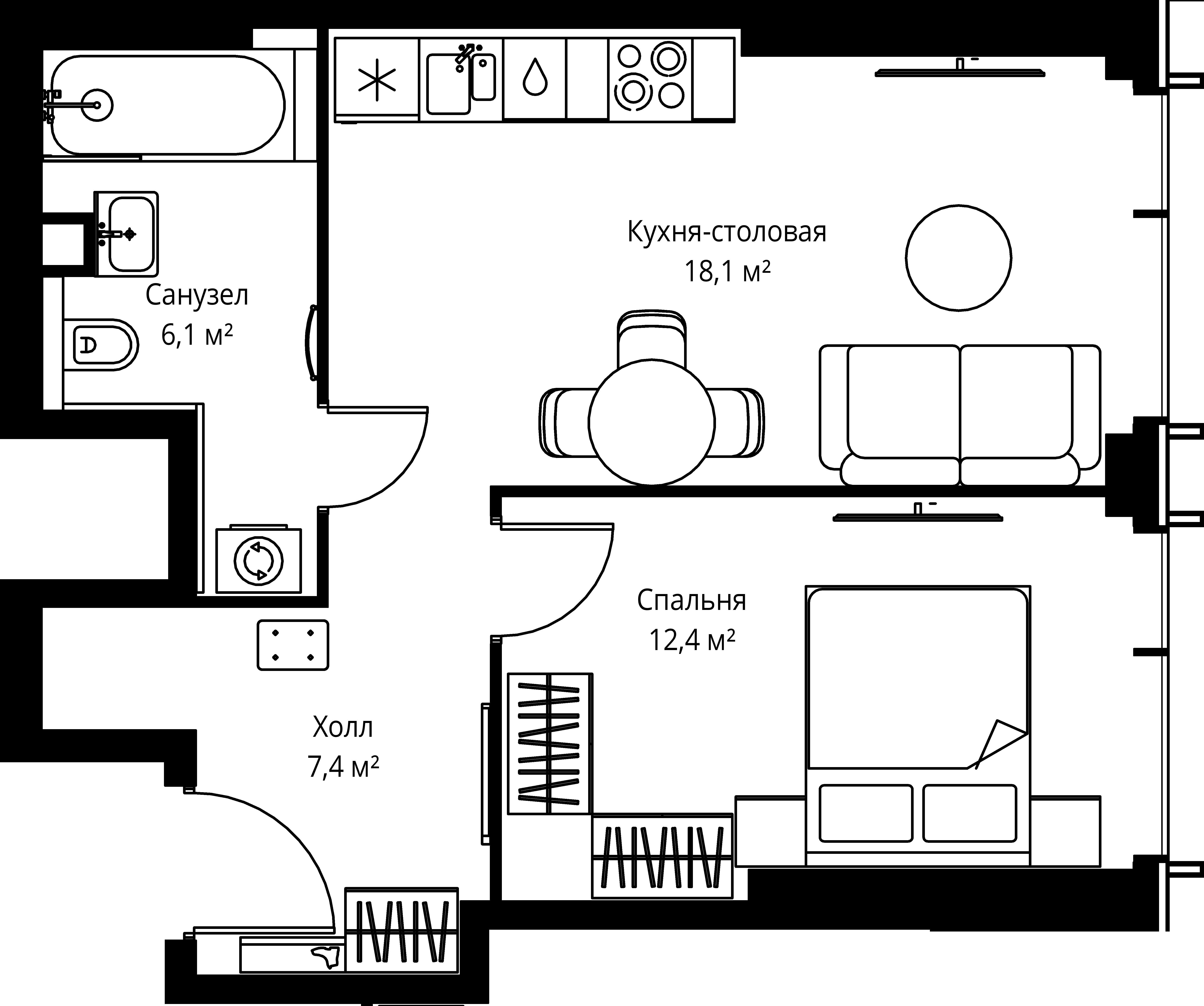 1-комнатная, 44 м² — 22 888 800 ₽