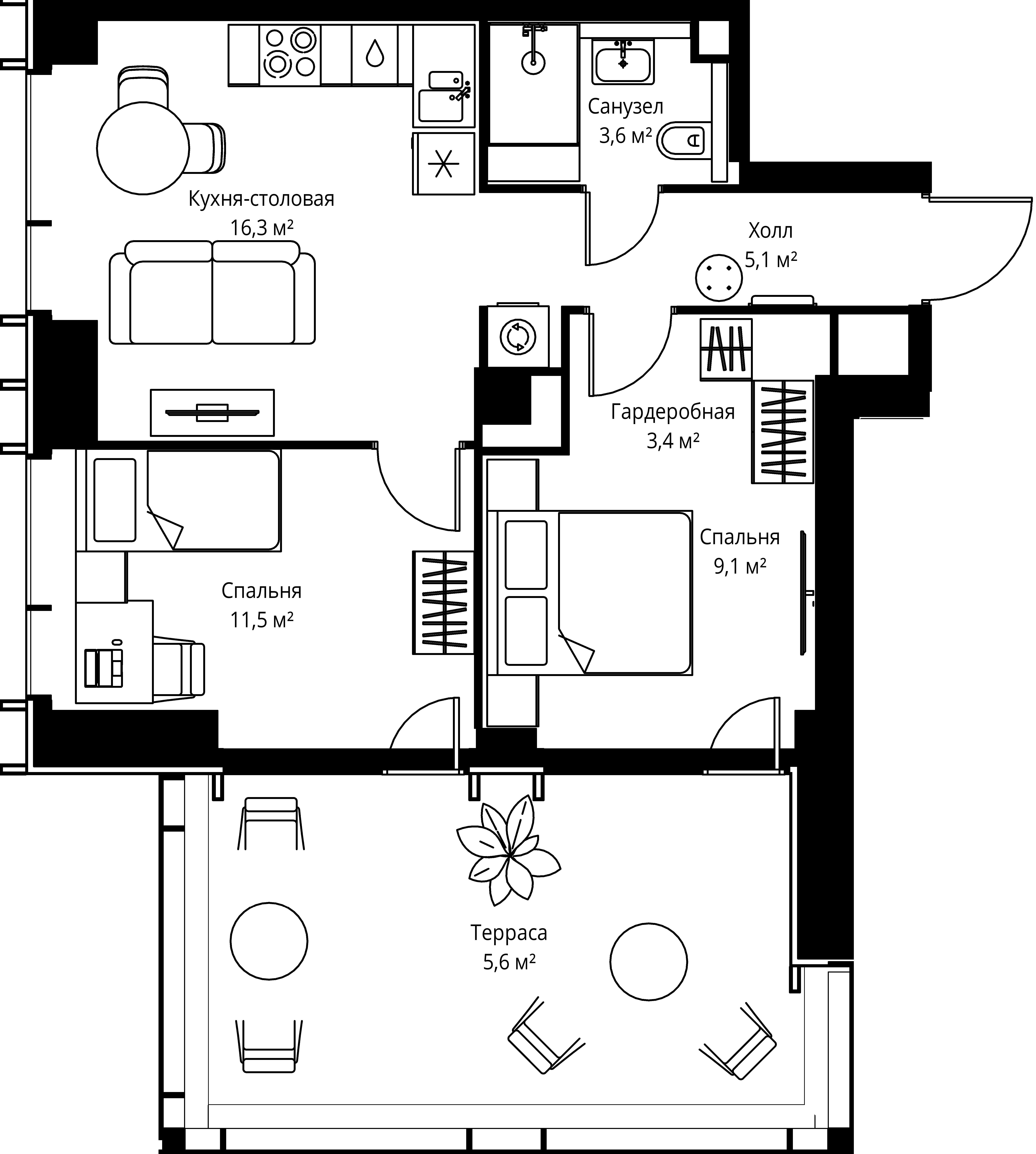 2-комнатная, 54,6 м² — 36 849 540 ₽