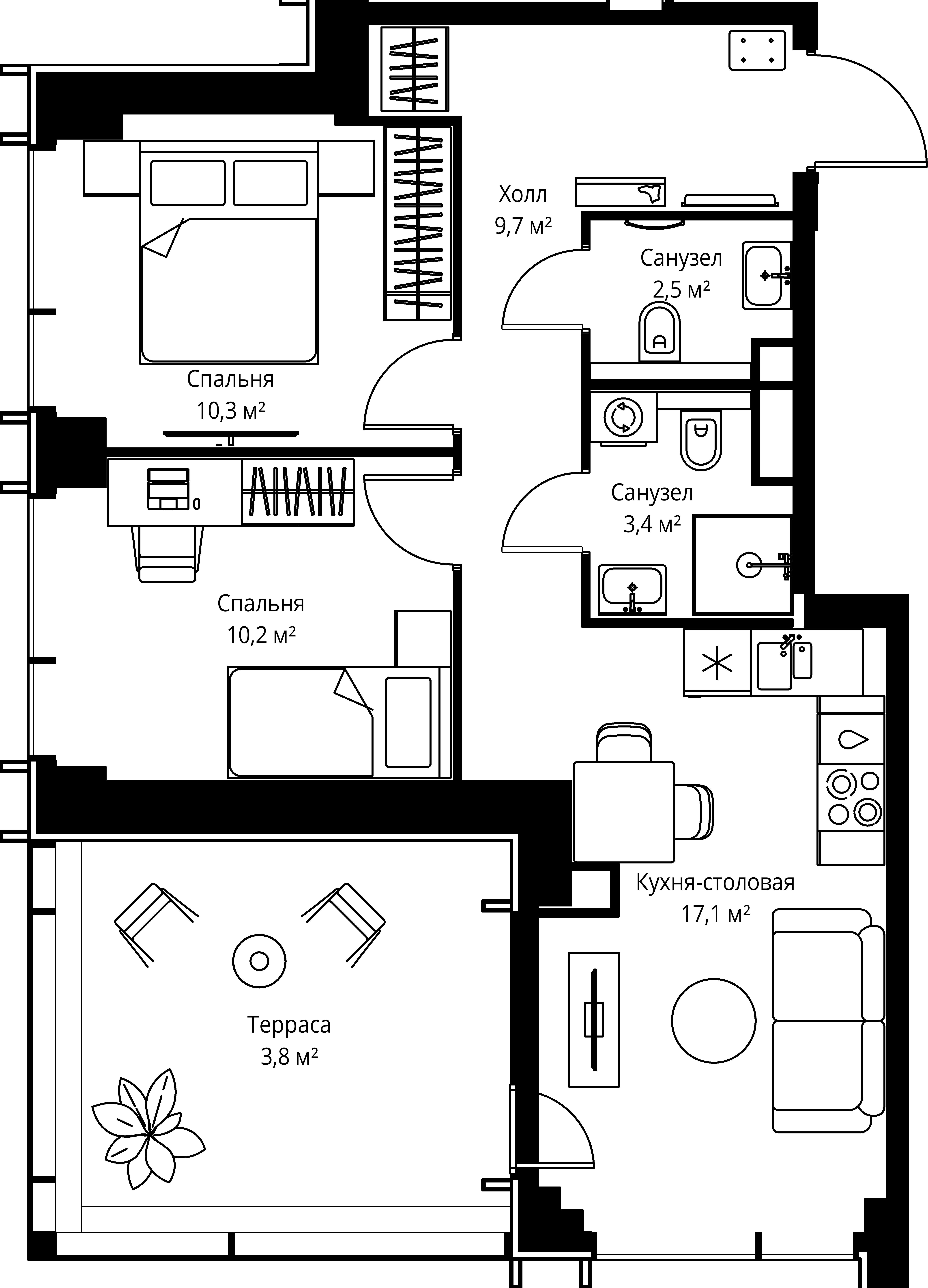 2-комнатная, 57 м² — 36 531 300 ₽