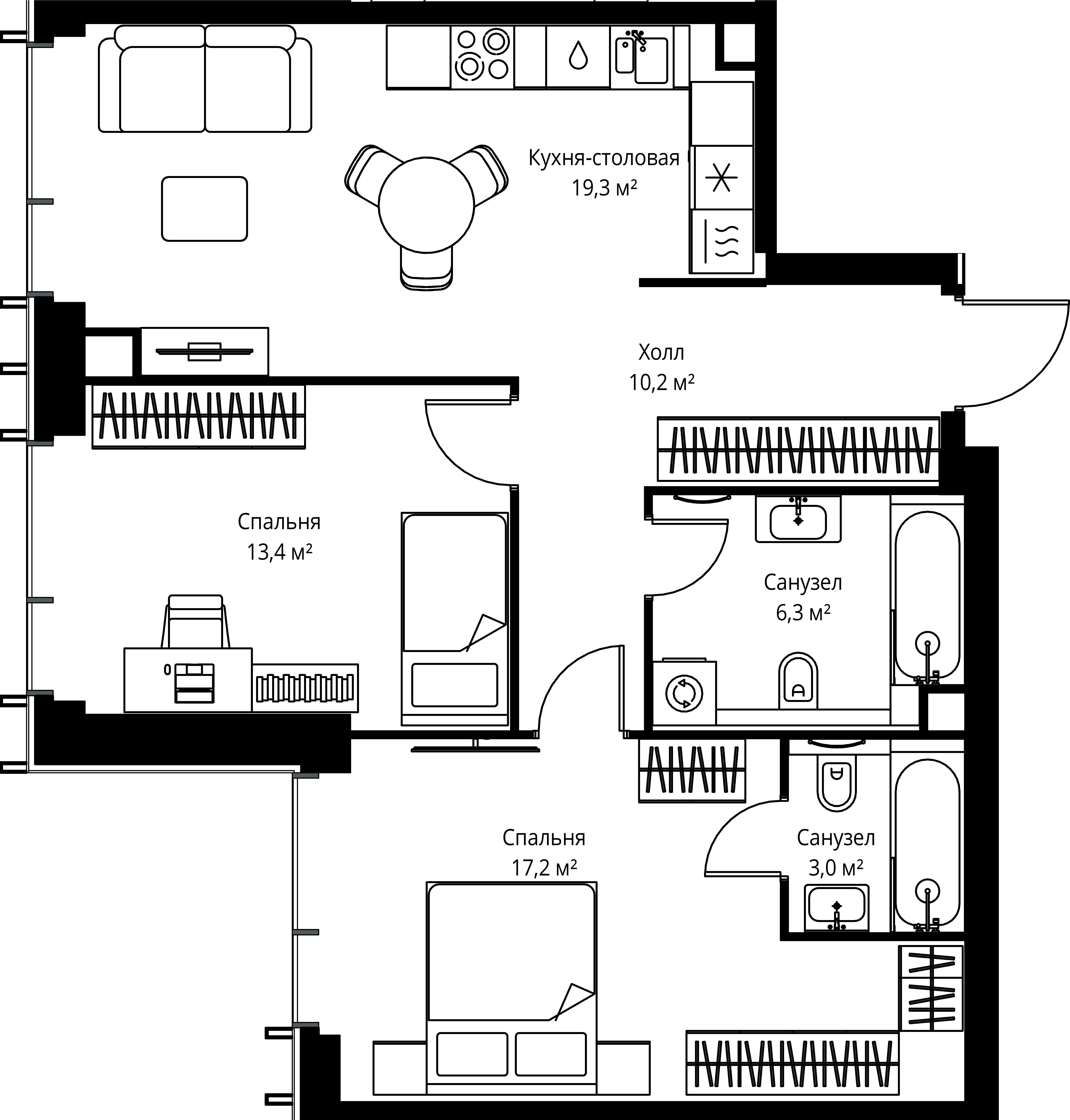 2-комнатная, 69,4 м² — 32 503 490 ₽