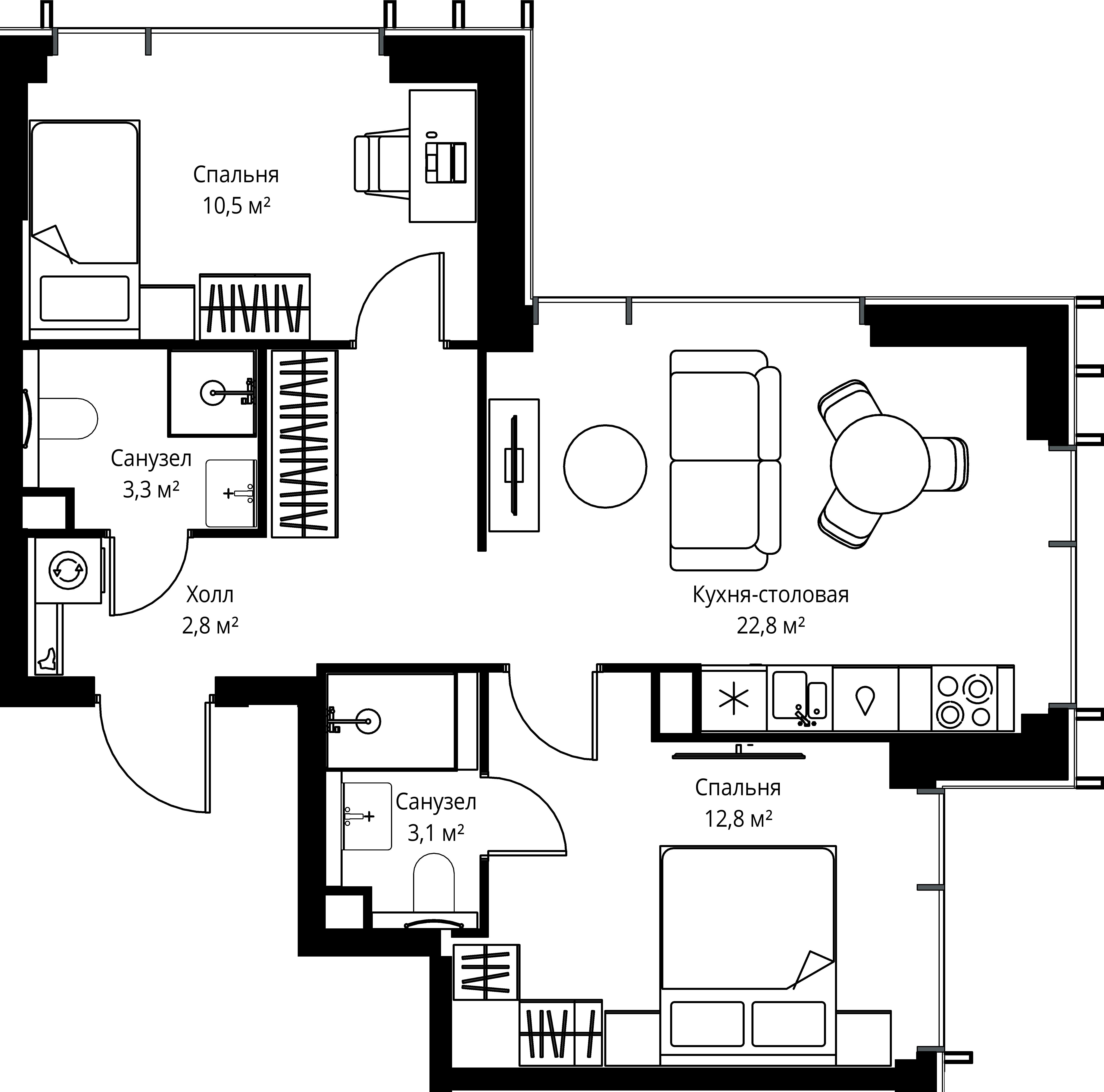 2-комнатная, 55,3 м² — 30 459 240 ₽
