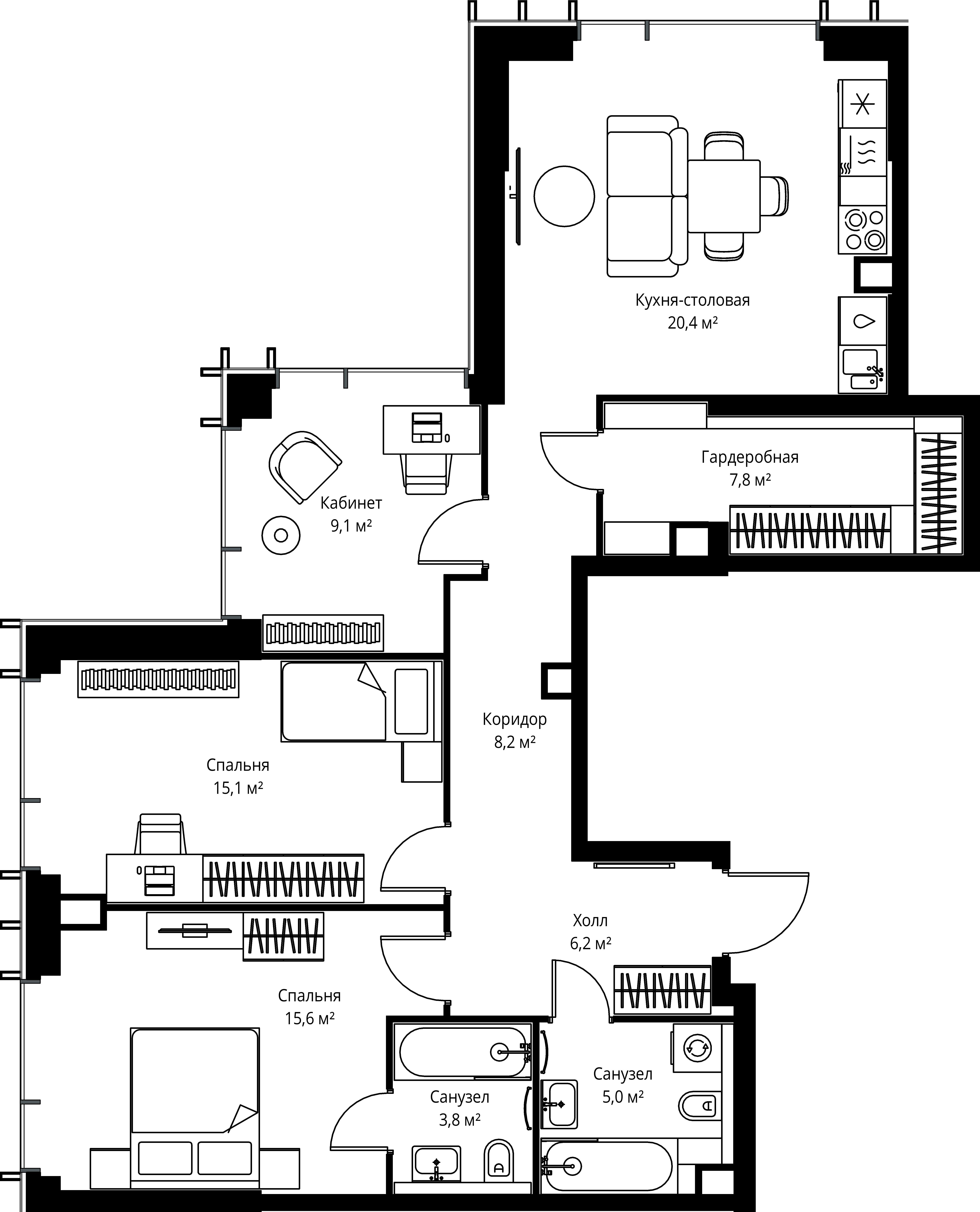 3-комнатная, 91,2 м² — 56 124 480 ₽