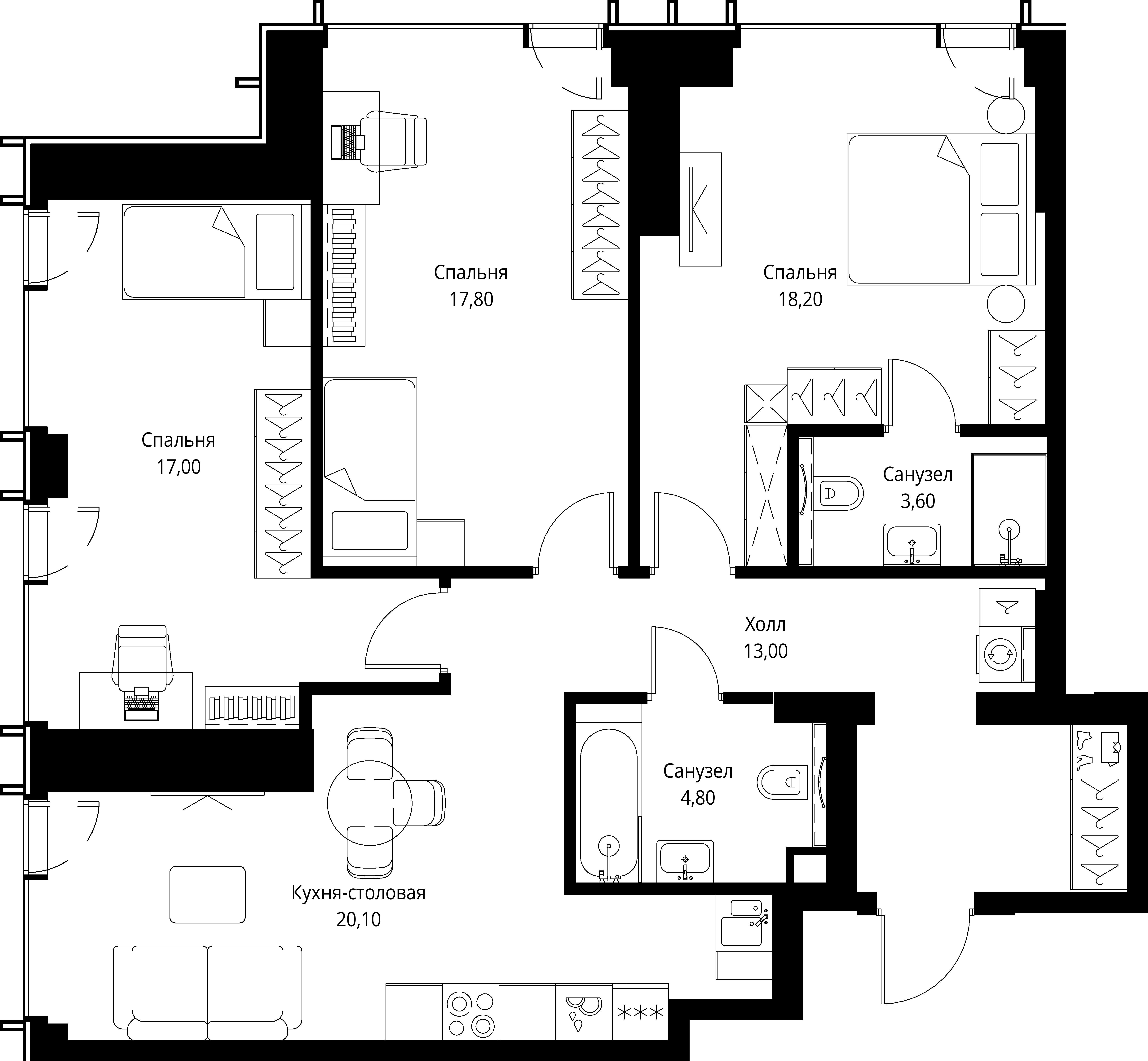3-комнатная, 94,5 м² — 43 857 450 ₽