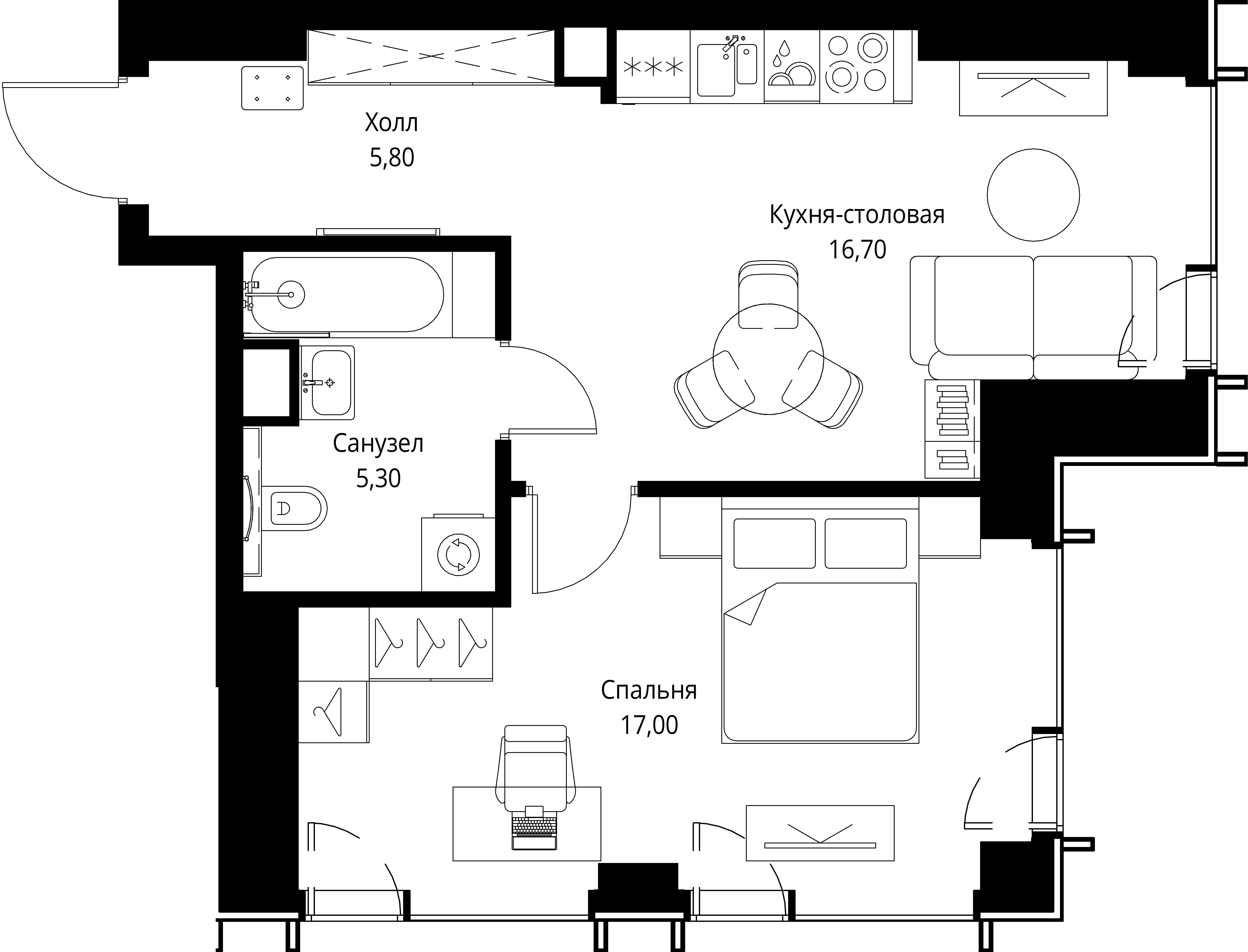 1-комнатная, 44,8 м² — 24 599 680 ₽