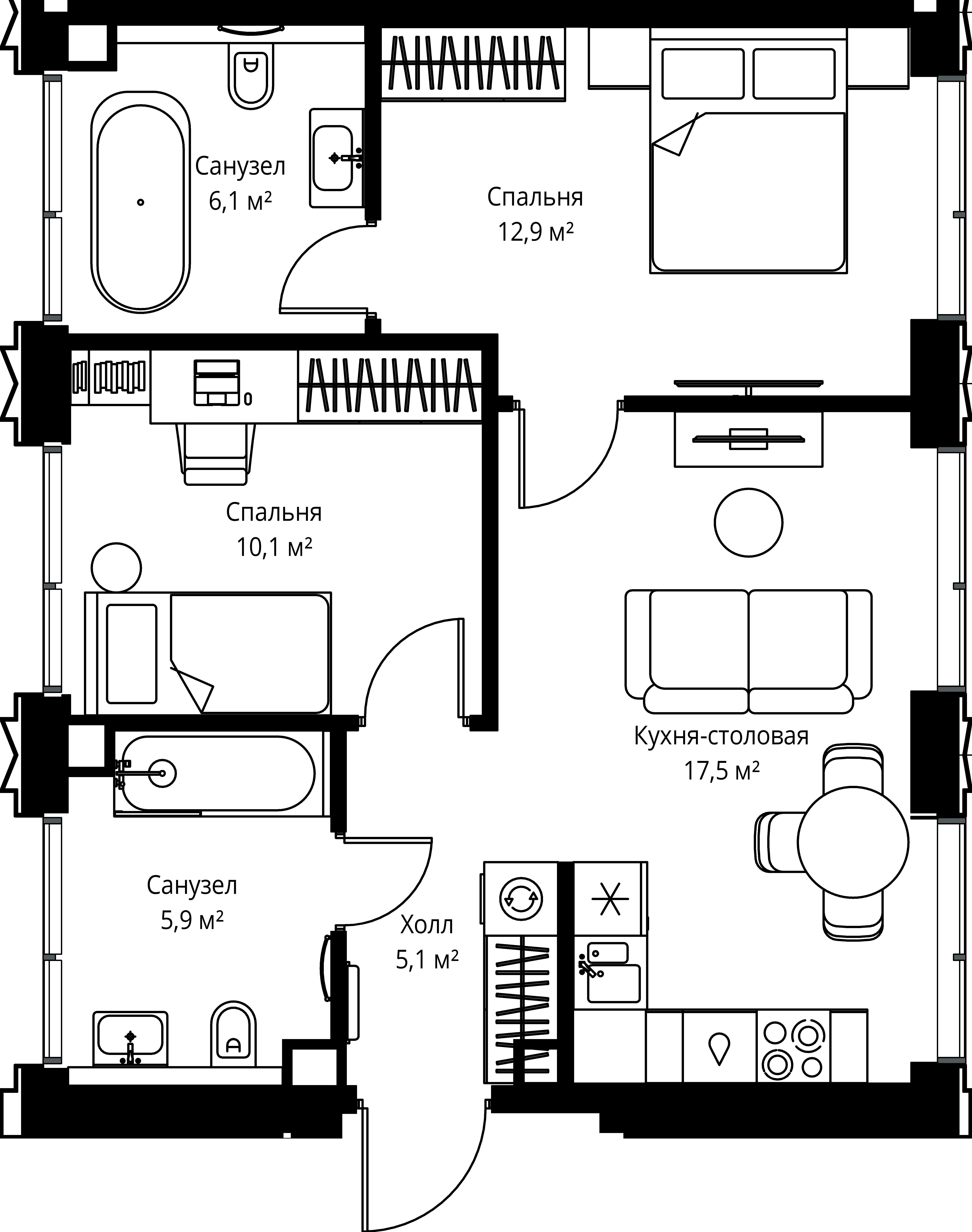 2-комнатная, 57,6 м² — 28 543 680 ₽