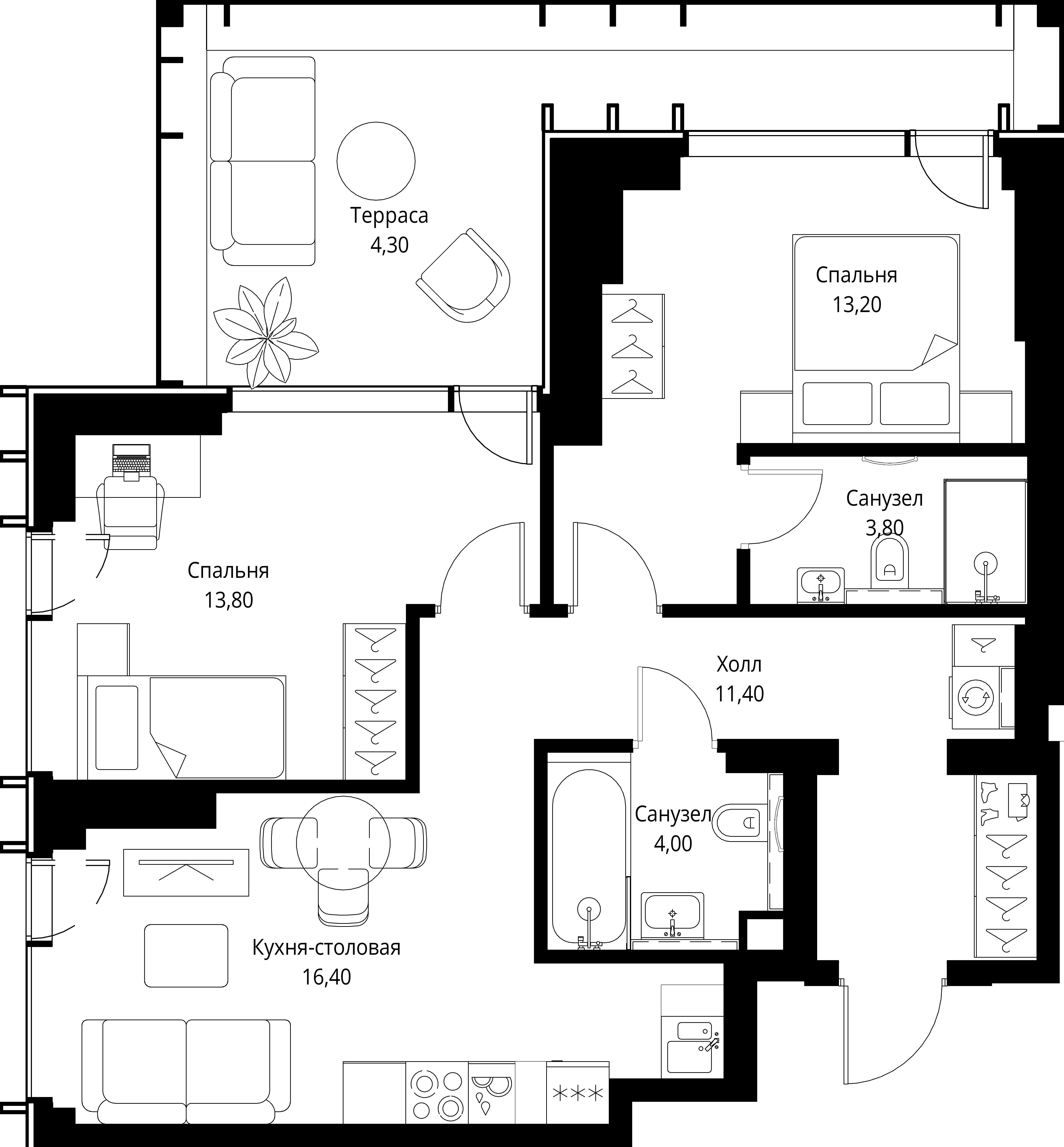 2-комнатная, 66,9 м² — 41 738 910 ₽