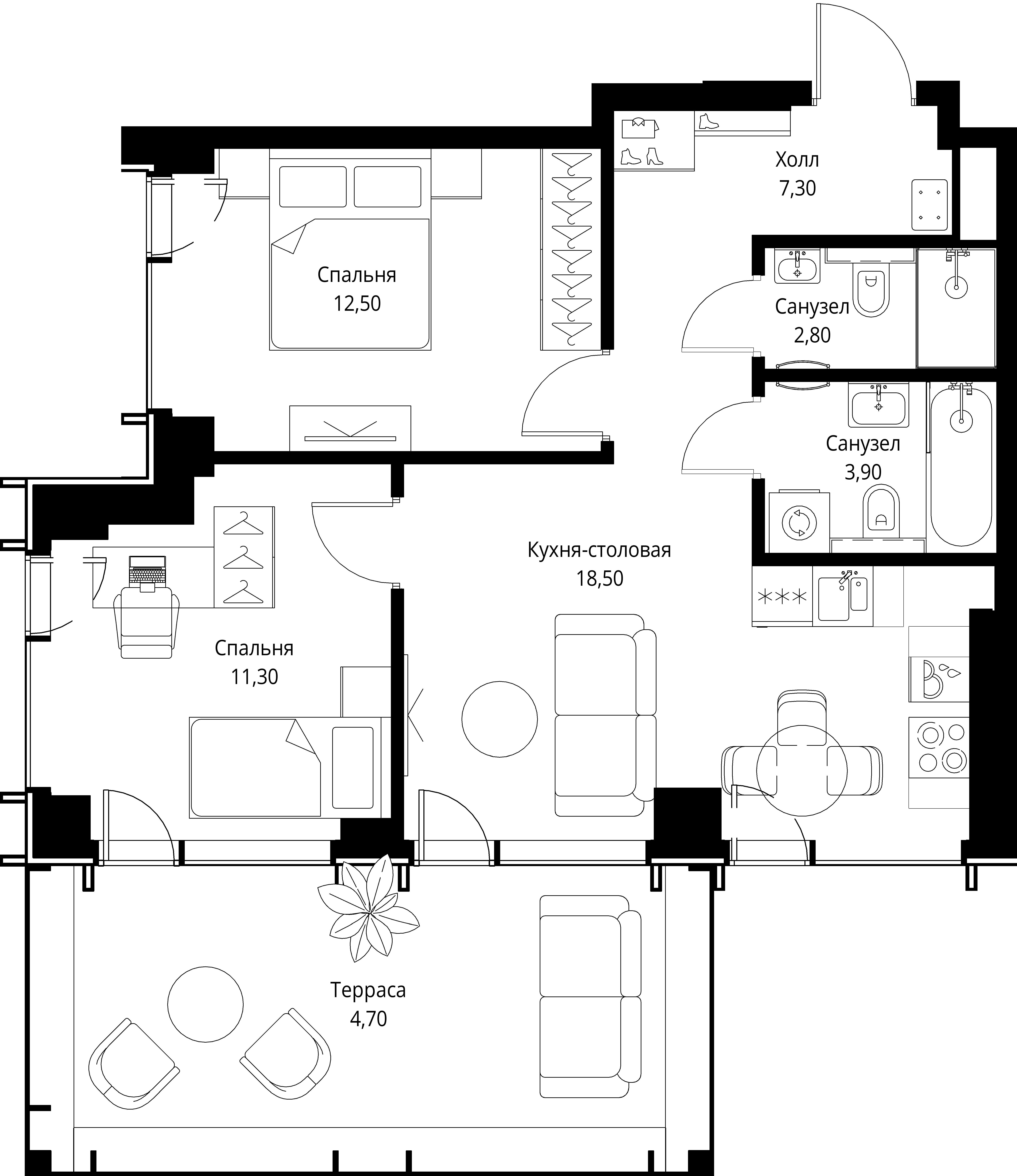 2-комнатная, 61 м² — 39 613 400 ₽