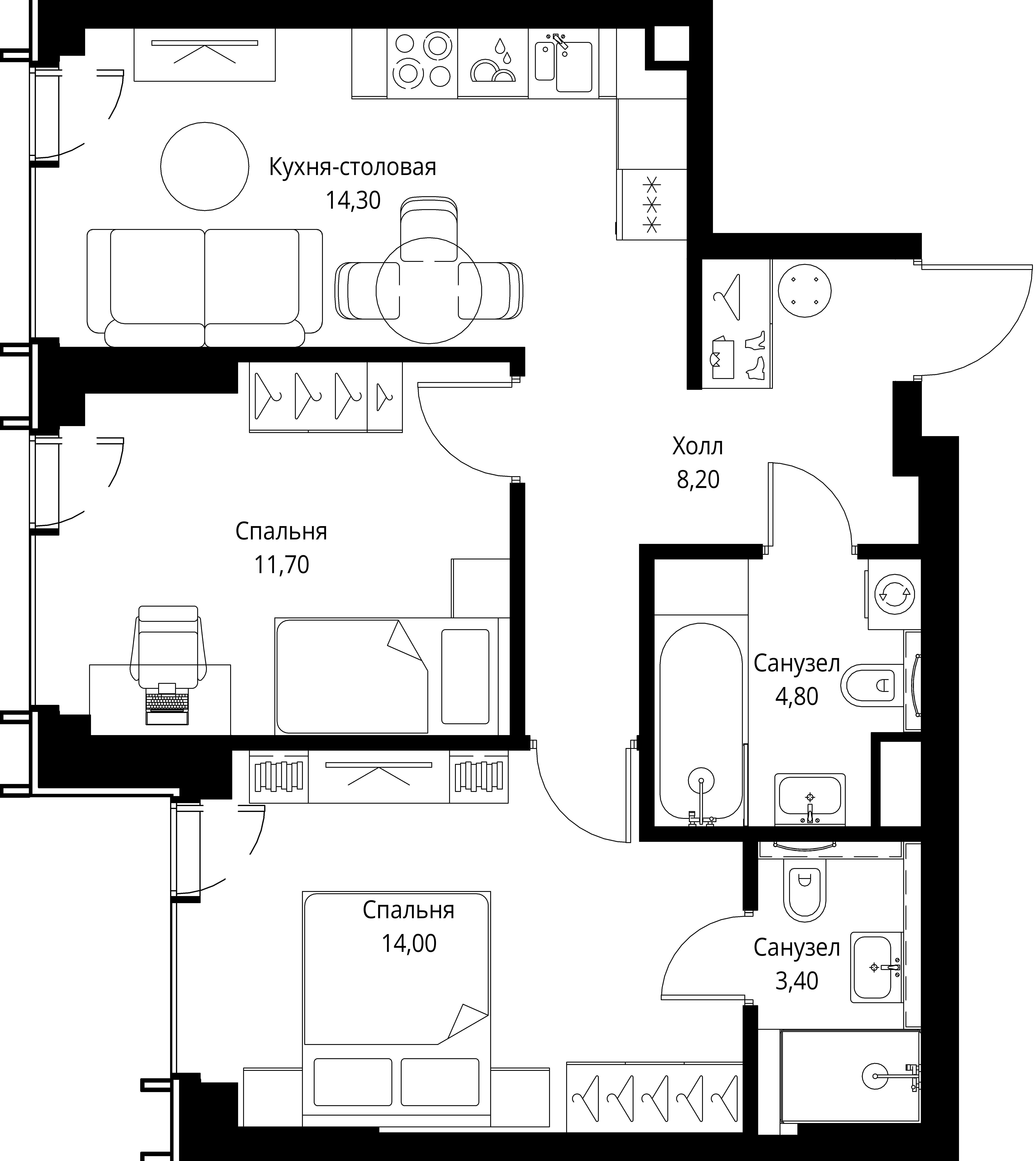 2-комнатная, 56,4 м² — 28 955 760 ₽
