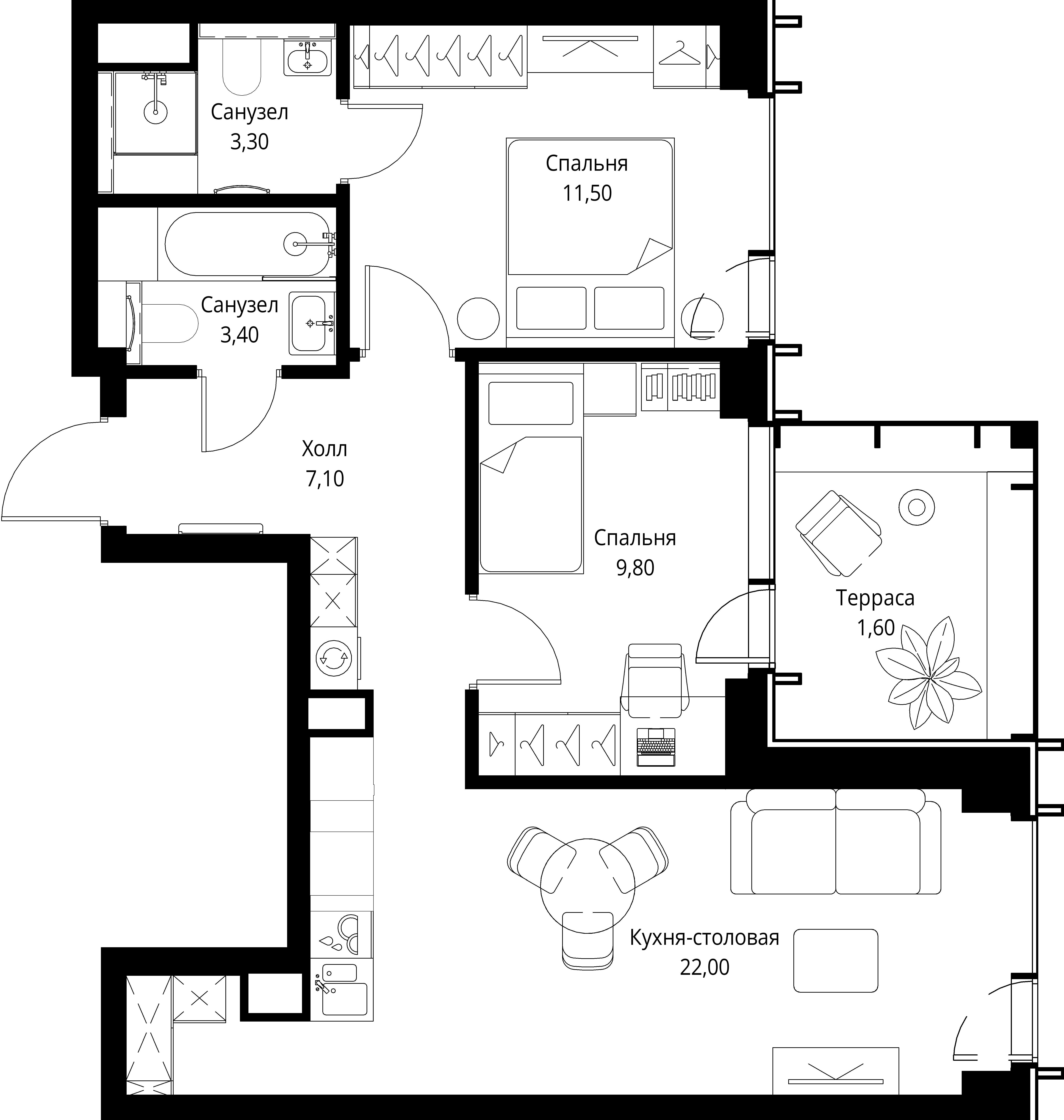 2-комнатная, 58,7 м² — 31 583 535 ₽